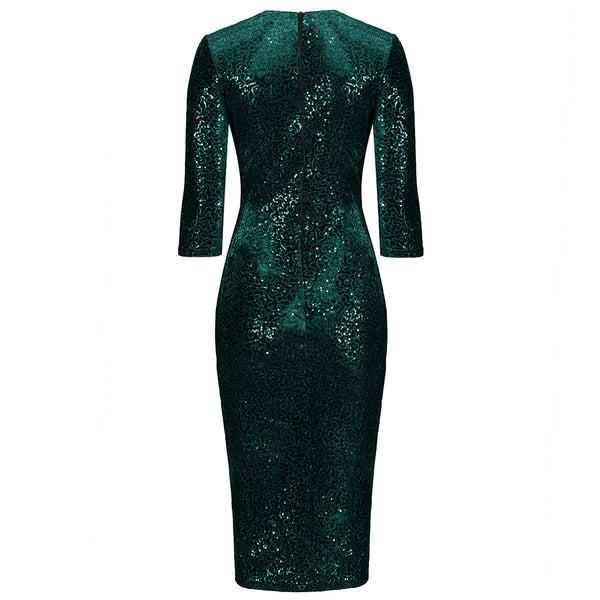Dark Green 3/4 Sleeve V Neck Velour Sequin Pencil Wiggle Dress - Pretty ...