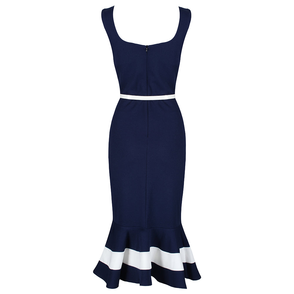 Navy Blue Nautical Sleeveless Peplum Hem Belt Wiggle Dress - Pretty Kitty Fashion