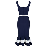 Navy Blue Nautical Sleeveless Peplum Hem Belt Wiggle Dress - Pretty Kitty Fashion