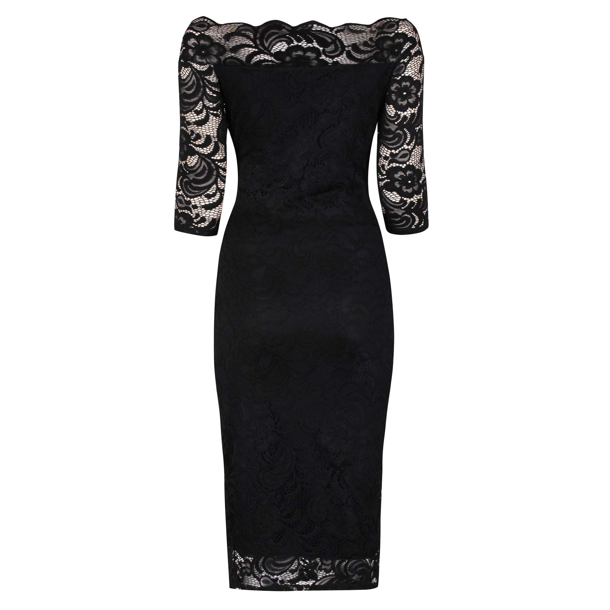 Black Lace 3/4 Sleeve Vintage Bardot Bodycon Wiggle Dress