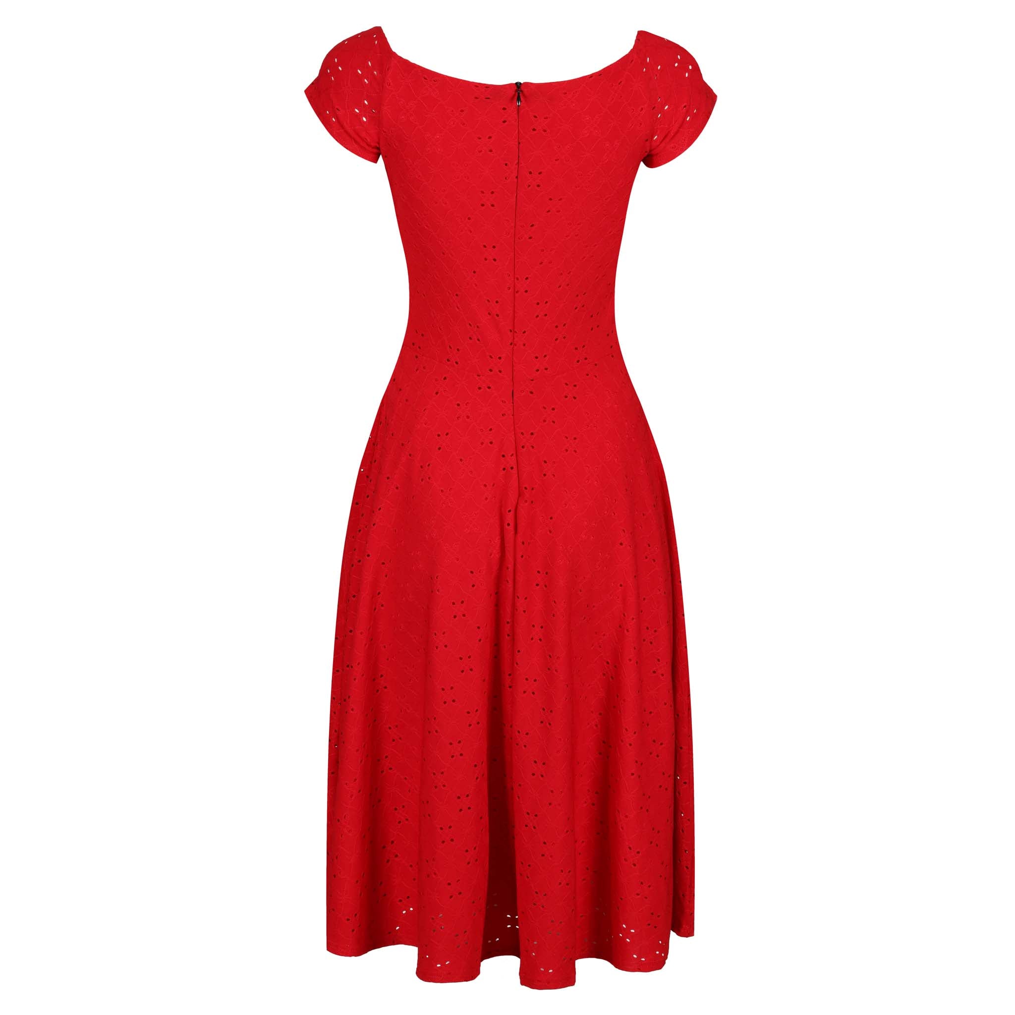 Red Pointelle Cap Sleeve V Neck Swing Dress