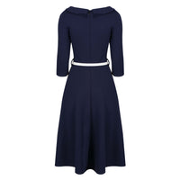 Navy Blue White Tie 1/2 Sleeve Vintage Swing Dress - Pretty Kitty Fashion