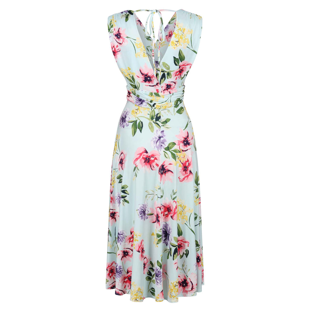 Blue Pink Yellow Floral V Neck Crossover Top Empire Waist Swing Dress - Pretty Kitty Fashion