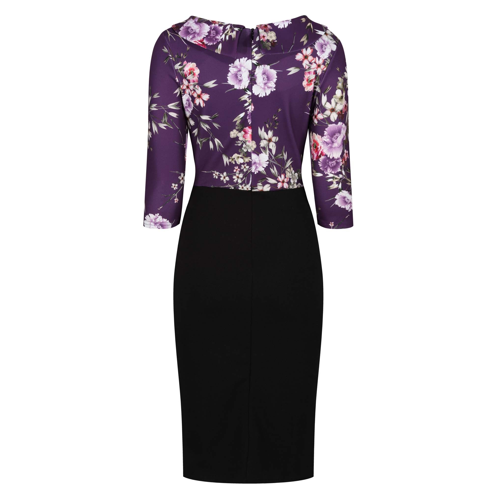Purple Floral Print Top & Black Skirt 3/4 Sleeve Midi Dress w/ Tie Waist