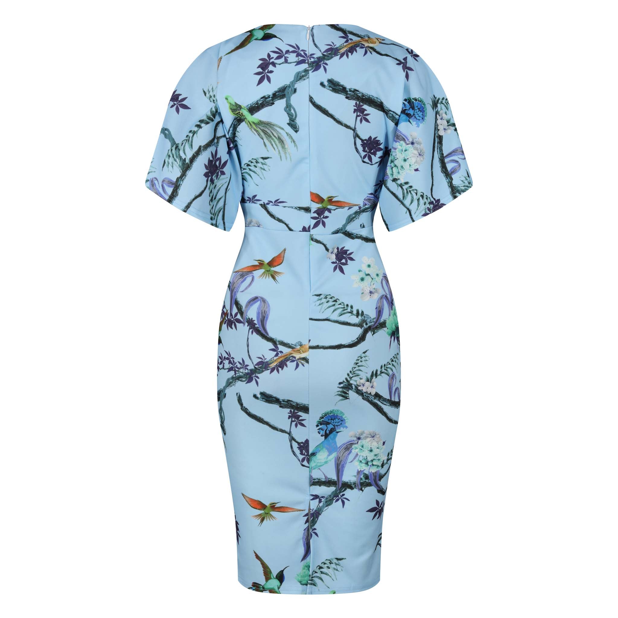 Blue Floral Bird Half Batwing Sleeve Crossover Top Pencil Dress
