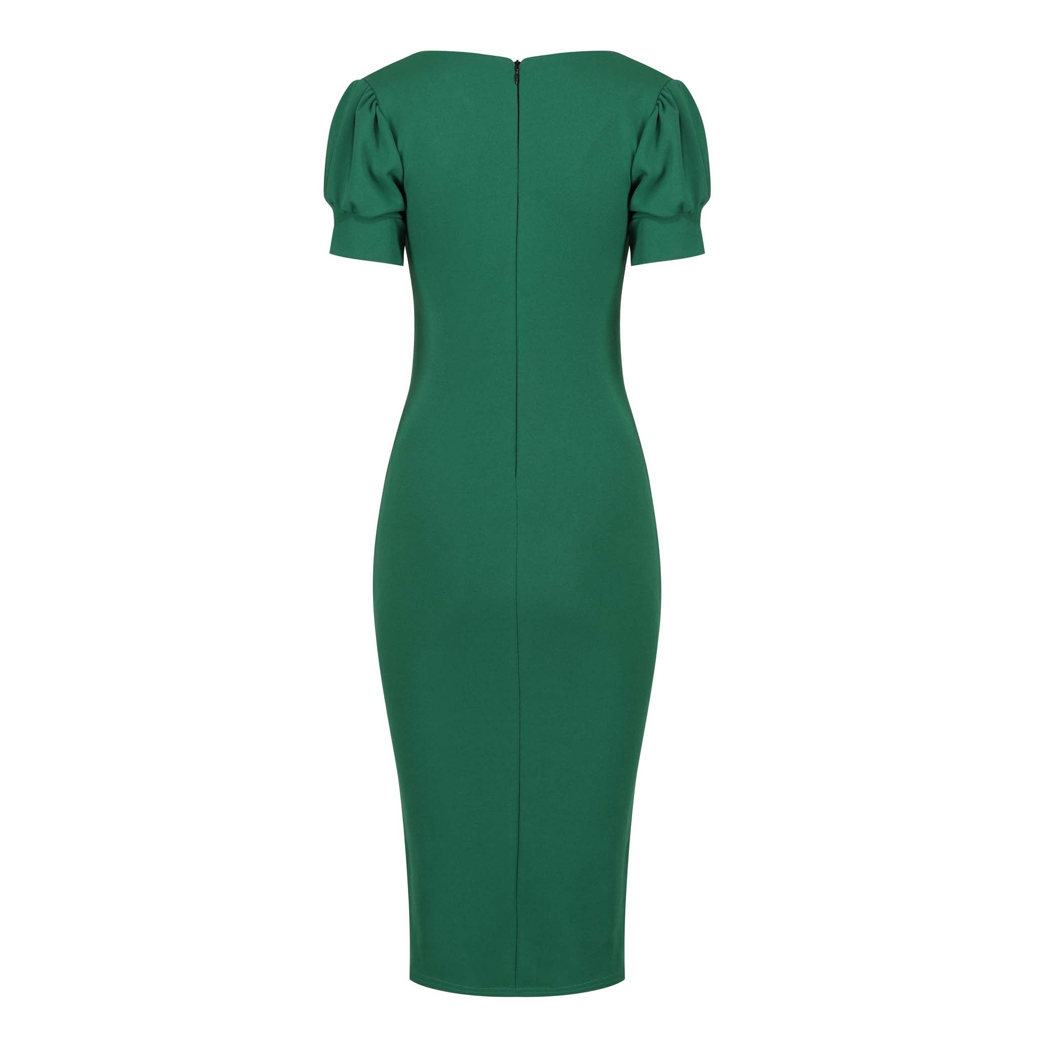 Emerald Green Puff Sleeve V Neck Bodycon Pencil Dress Pretty Kitty Fashion