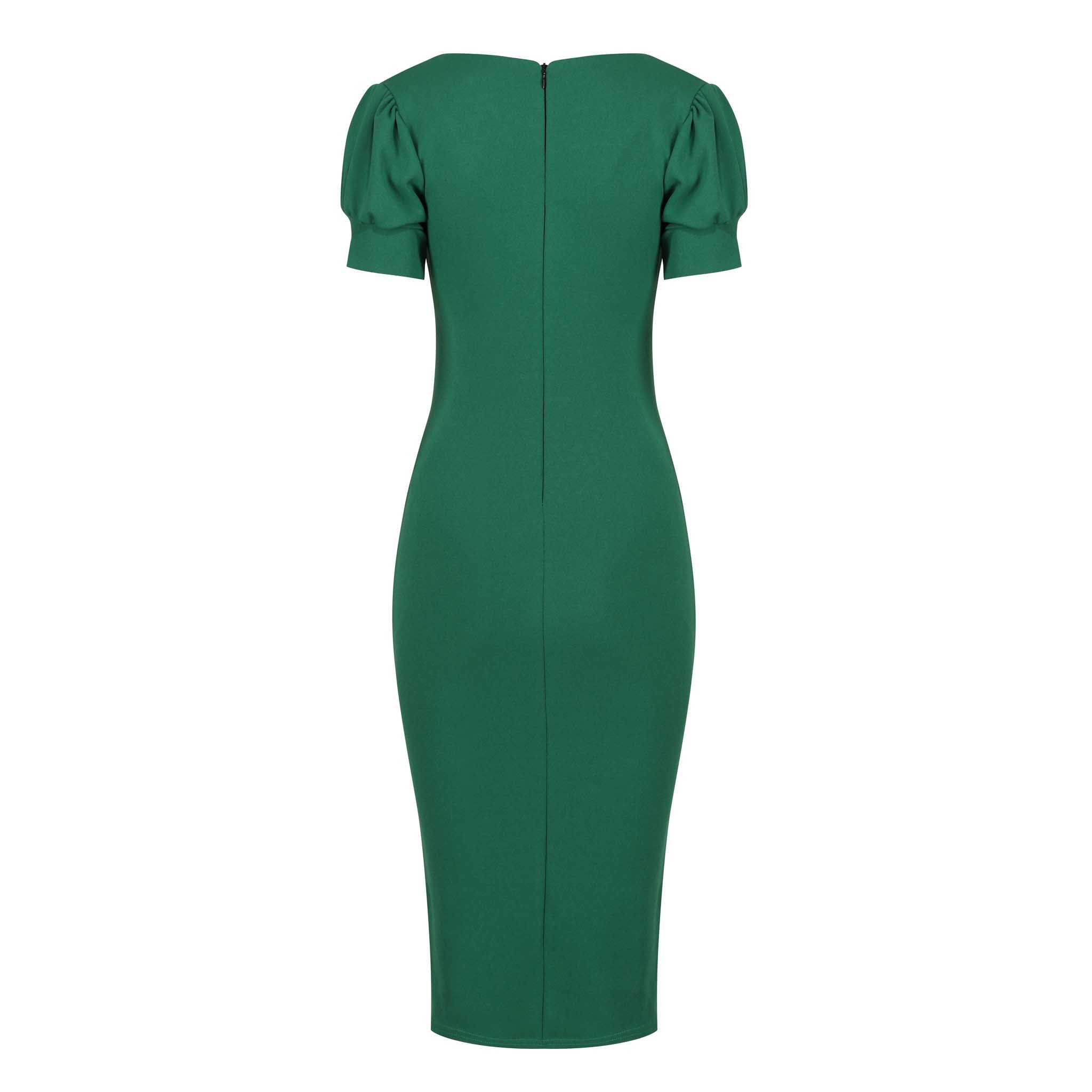Emerald Green Puff Sleeve V Neck Bodycon Pencil Dress