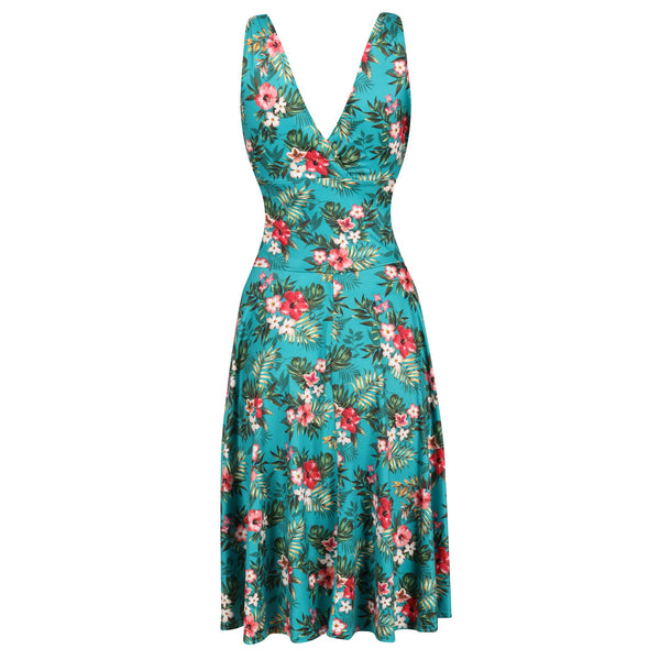 Teal Blue Floral Print Grecian V Neck 50s Swing Dress - Pretty Kitty ...