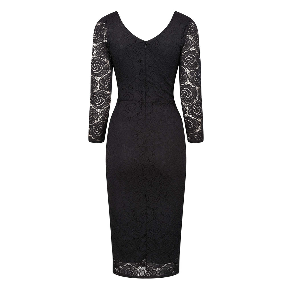 Black Lace 3/4 Sleeve Wrap Over Effect Midi Dress