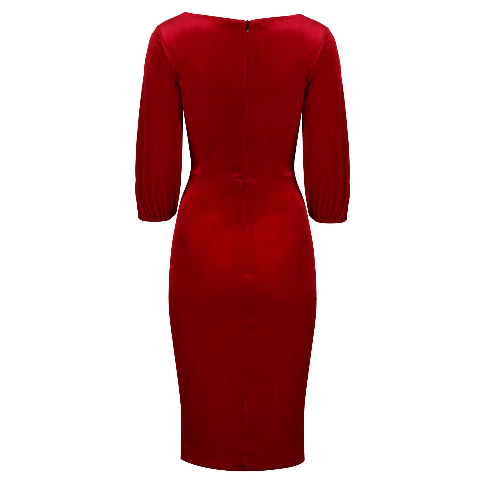 Red Velour Diamond Neckline 3/4 Sleeve Vintage Wiggle Dress