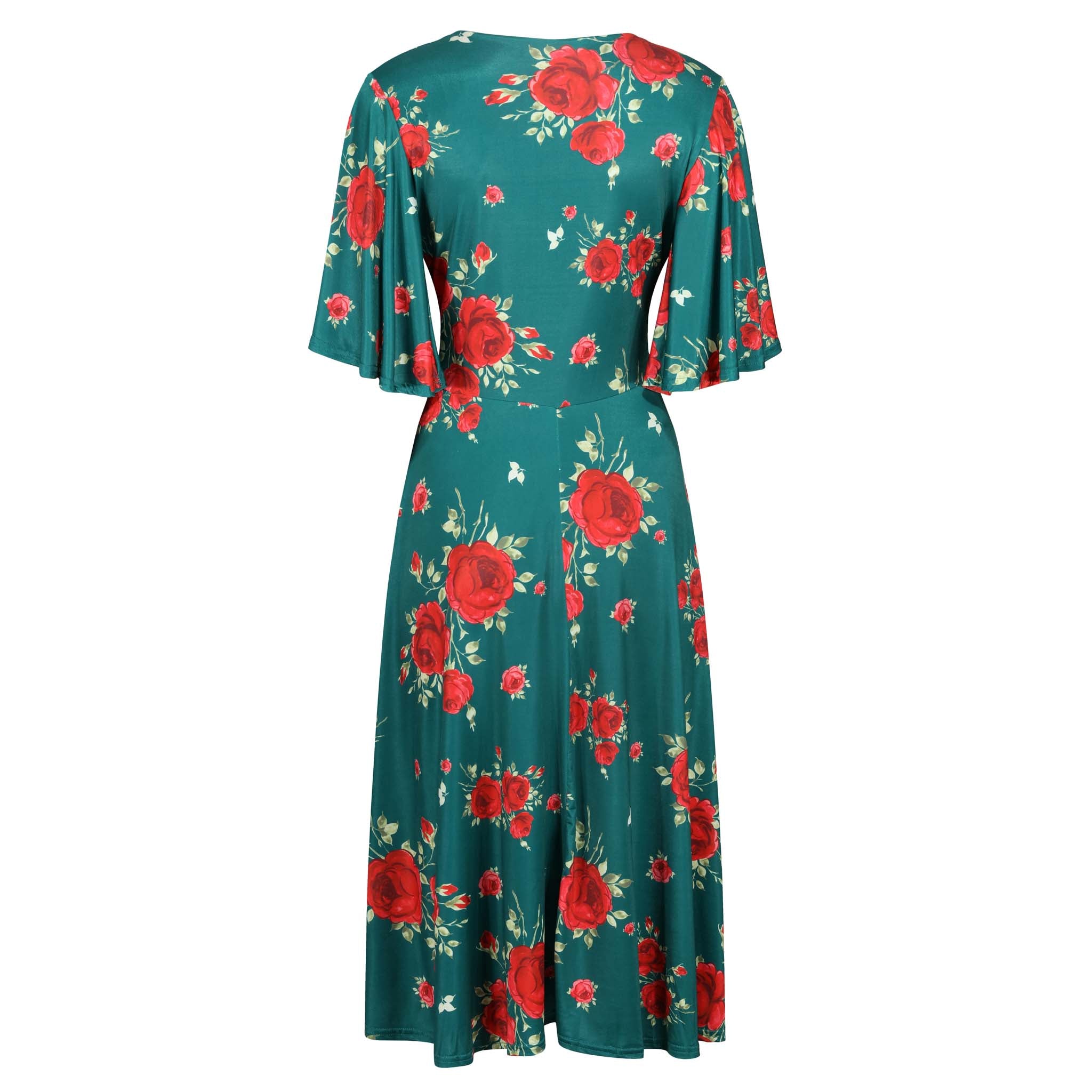 Green And Red Floral Print Waterfall Sleeve Midi Dress