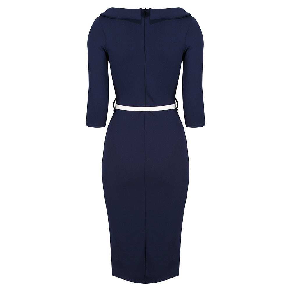 Navy Blue Cream Belted Bow Nautical Pencil Dress
