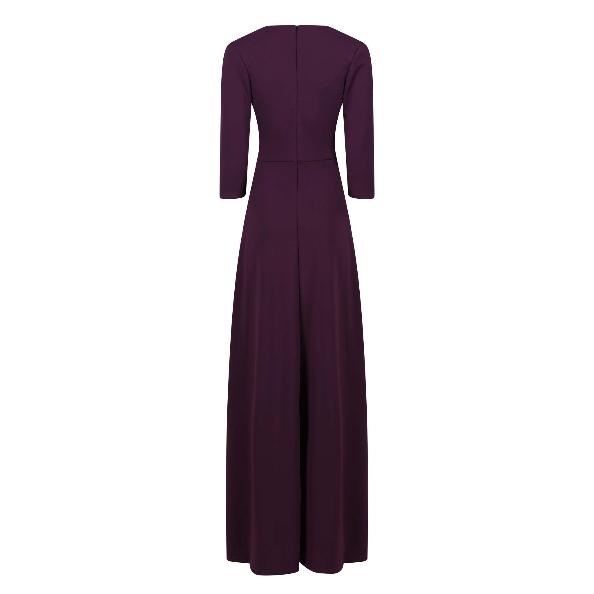 Purple Aubergine V Neck 3/4 Sleeve Maxi Dress