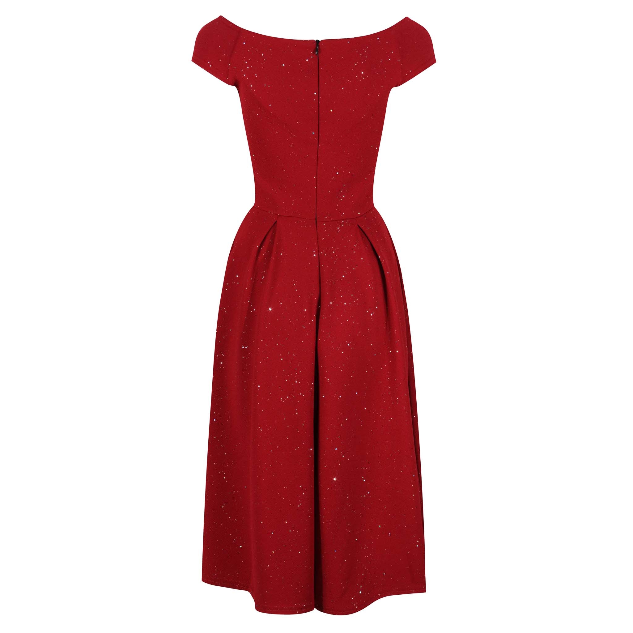 Wine Red Sparkly Glitter Crossover Bust Bardot Style 50s Swing Dress