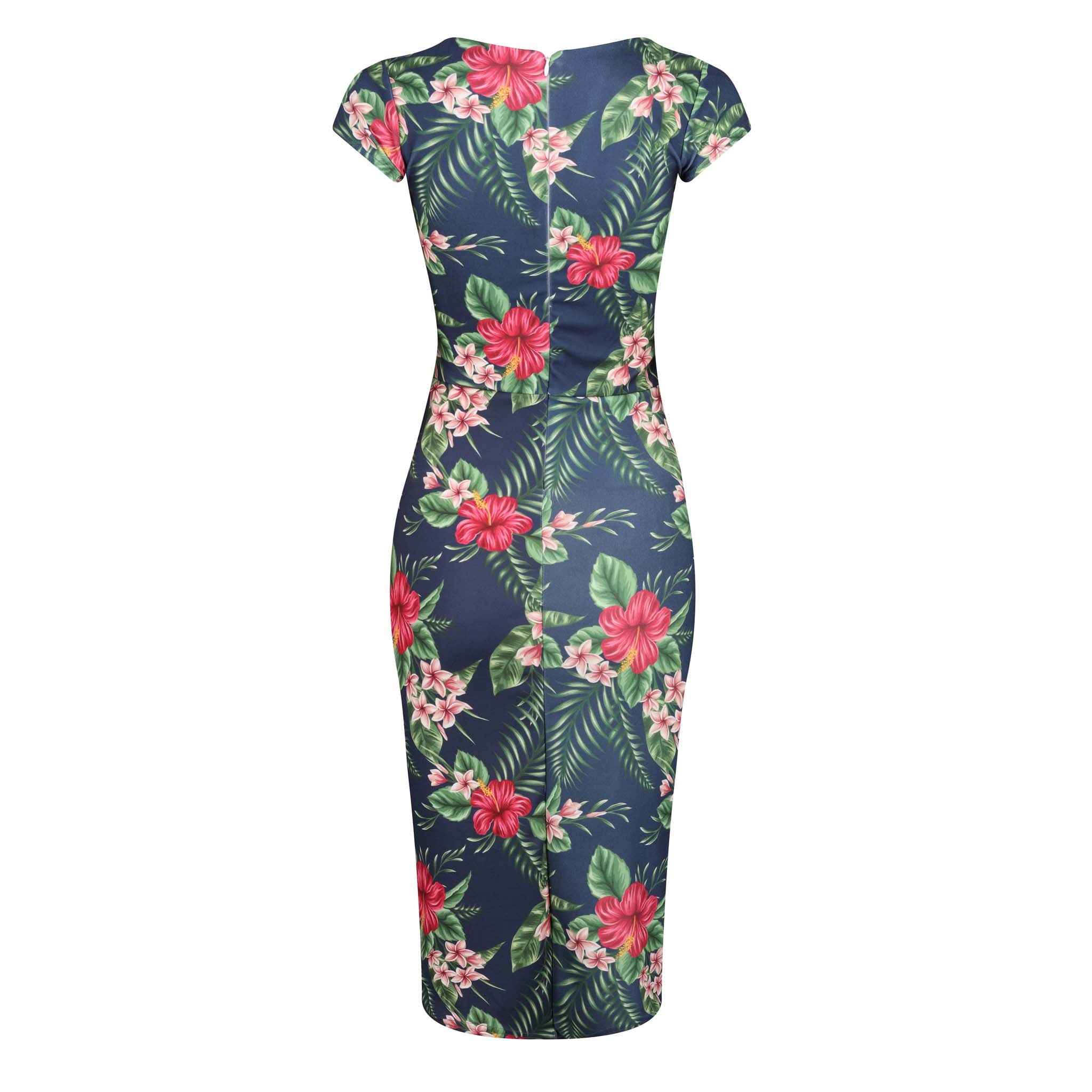 Navy Tropical Floral Print Cap Sleeve V Neck Bodycon Wiggle Dress ...