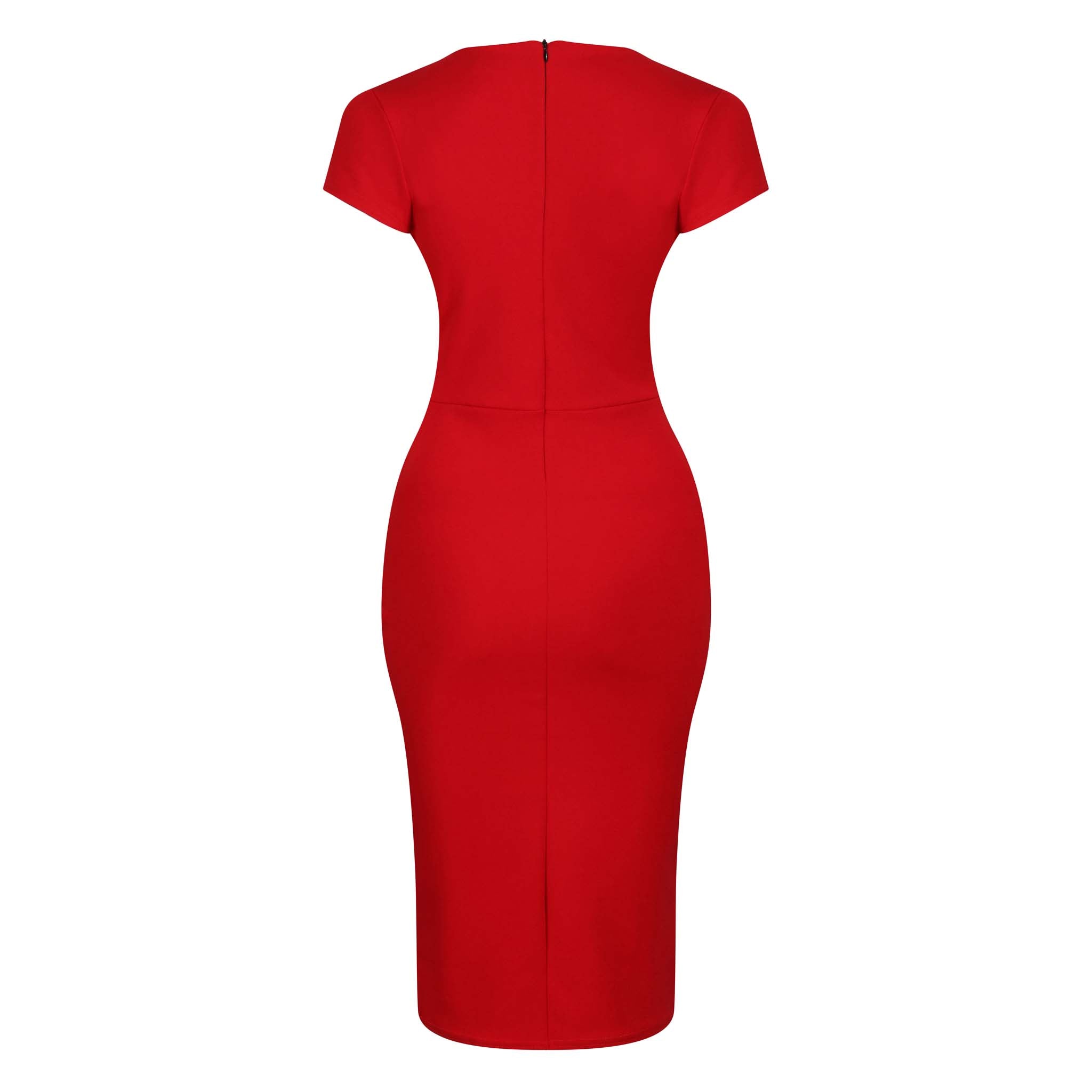 Red Deep V Cap Sleeve Bodycon Ruched Waist Wiggle Dress