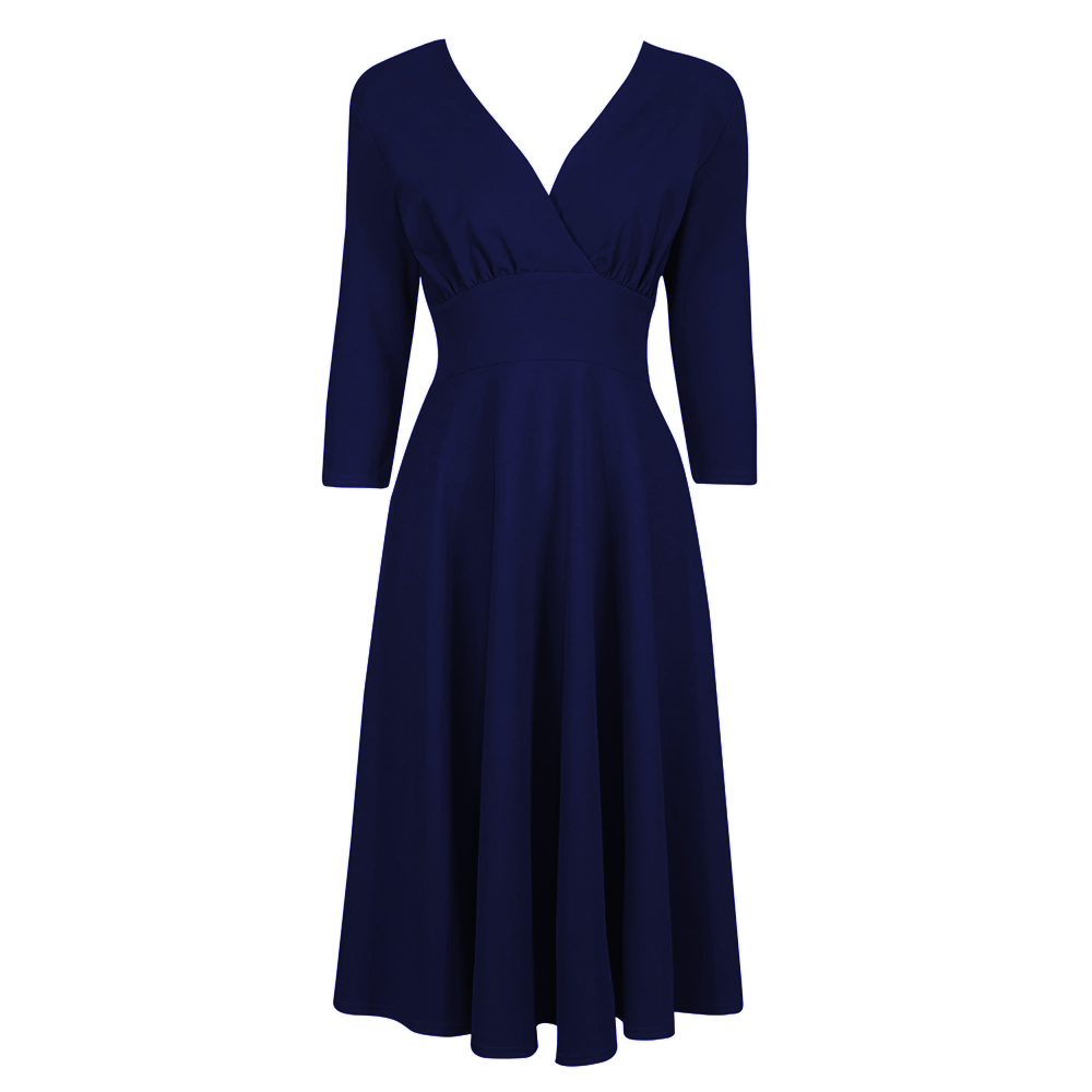 Navy Blue Vintage A Line Crossover 3/4 Sleeve Tea Swing Dress