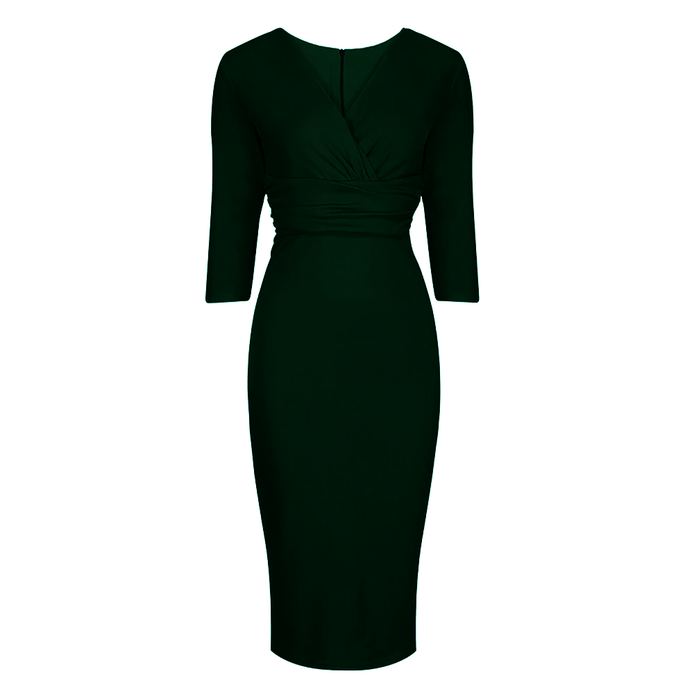 Vintage Forest Green Wrap Over Midi Pencil Dress
