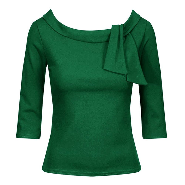 Vintage Emerald Green 3/4 Sleeve Tie Neck Top - Pretty Kitty Fashion