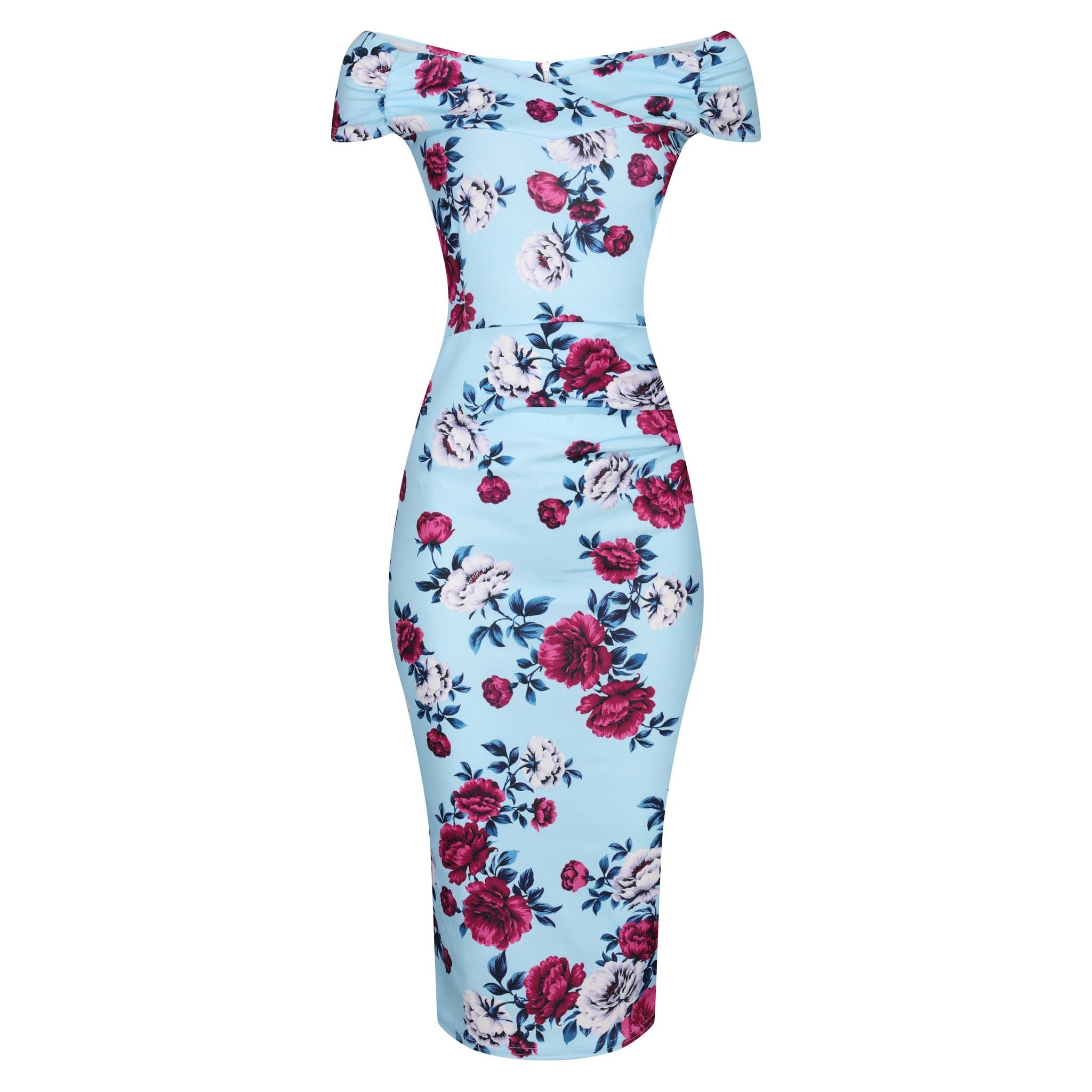Sky Blue Floral Cap Sleeve Crossover Top Bardot Wiggle Pencil Dress