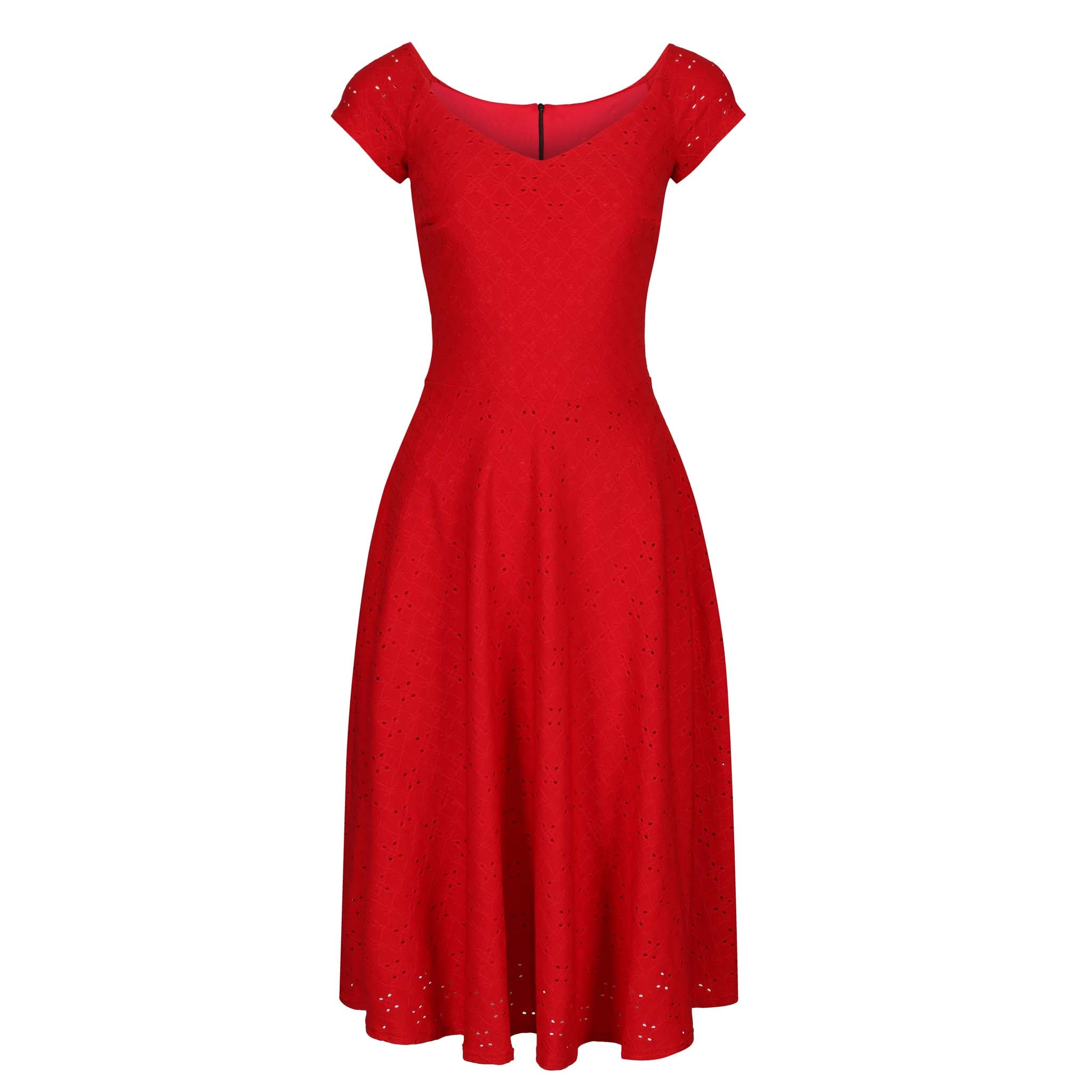 Red Pointelle Cap Sleeve V Neck Swing Dress