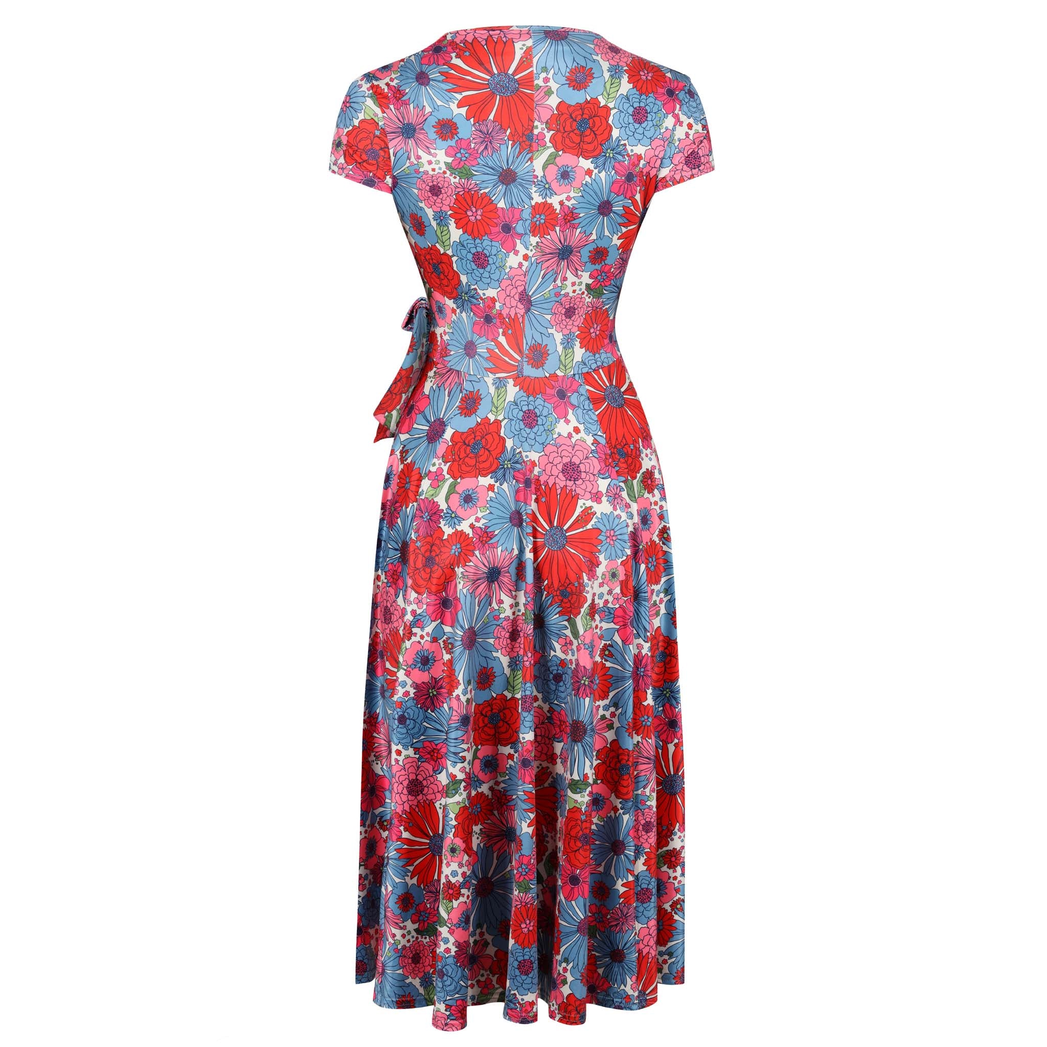 Multi Red Blue Floral Print Cap Sleeve Crossover Top Swing Dress ...