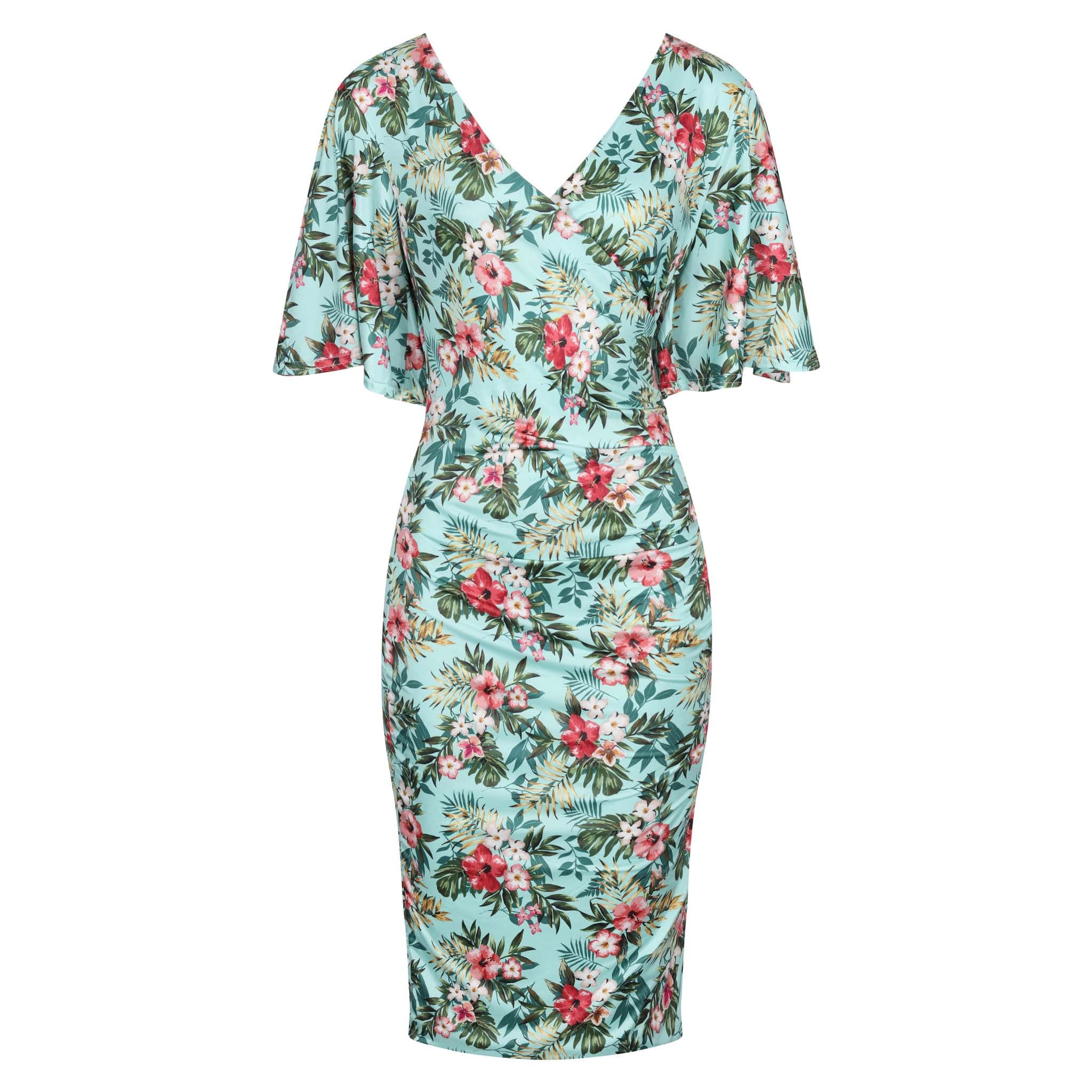 Mint Green Floral Print Butterfly Sleeve Slinky Pencil Cocktail Dress