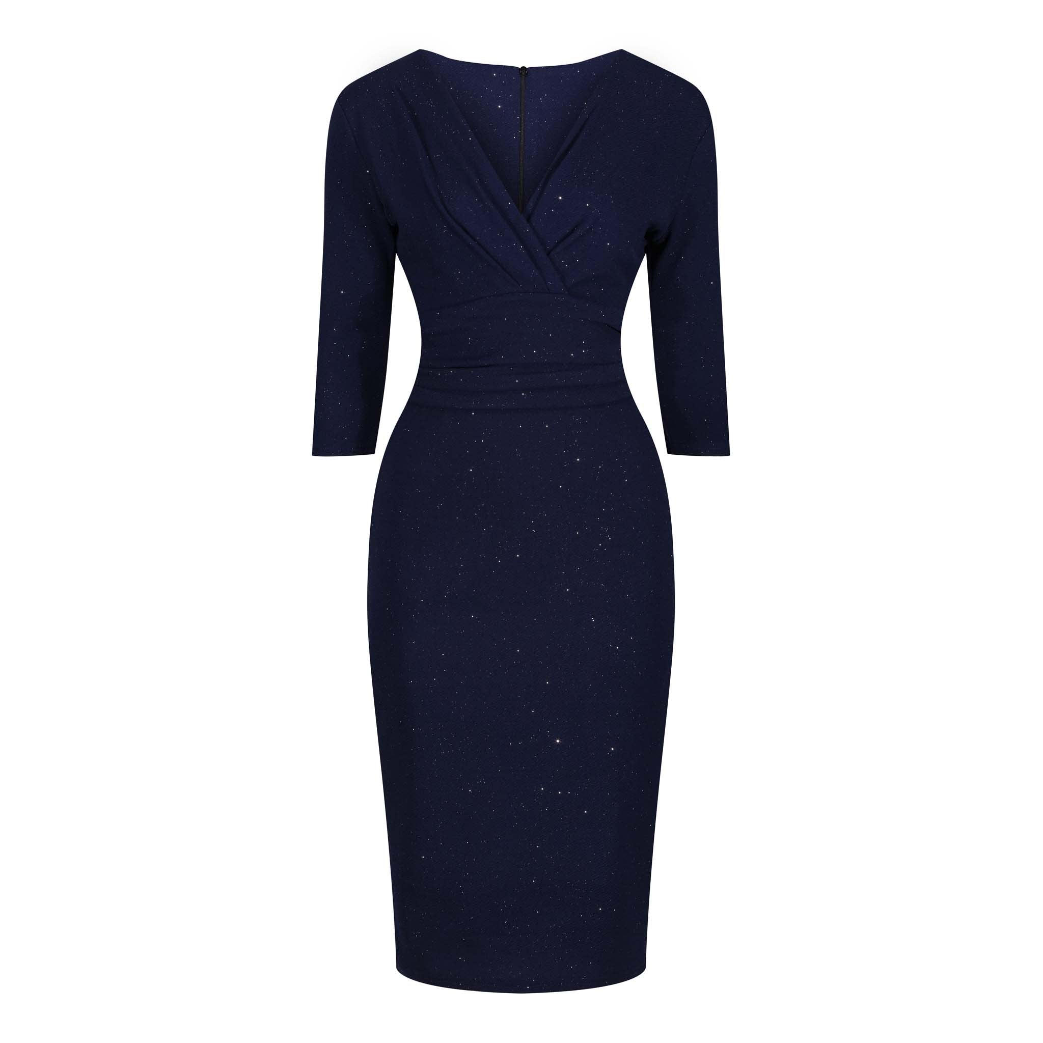 Navy Blue Silver Sparkle Deep V 3/4 Sleeve Bodycon Ruched Waist Wiggle Party Dress
