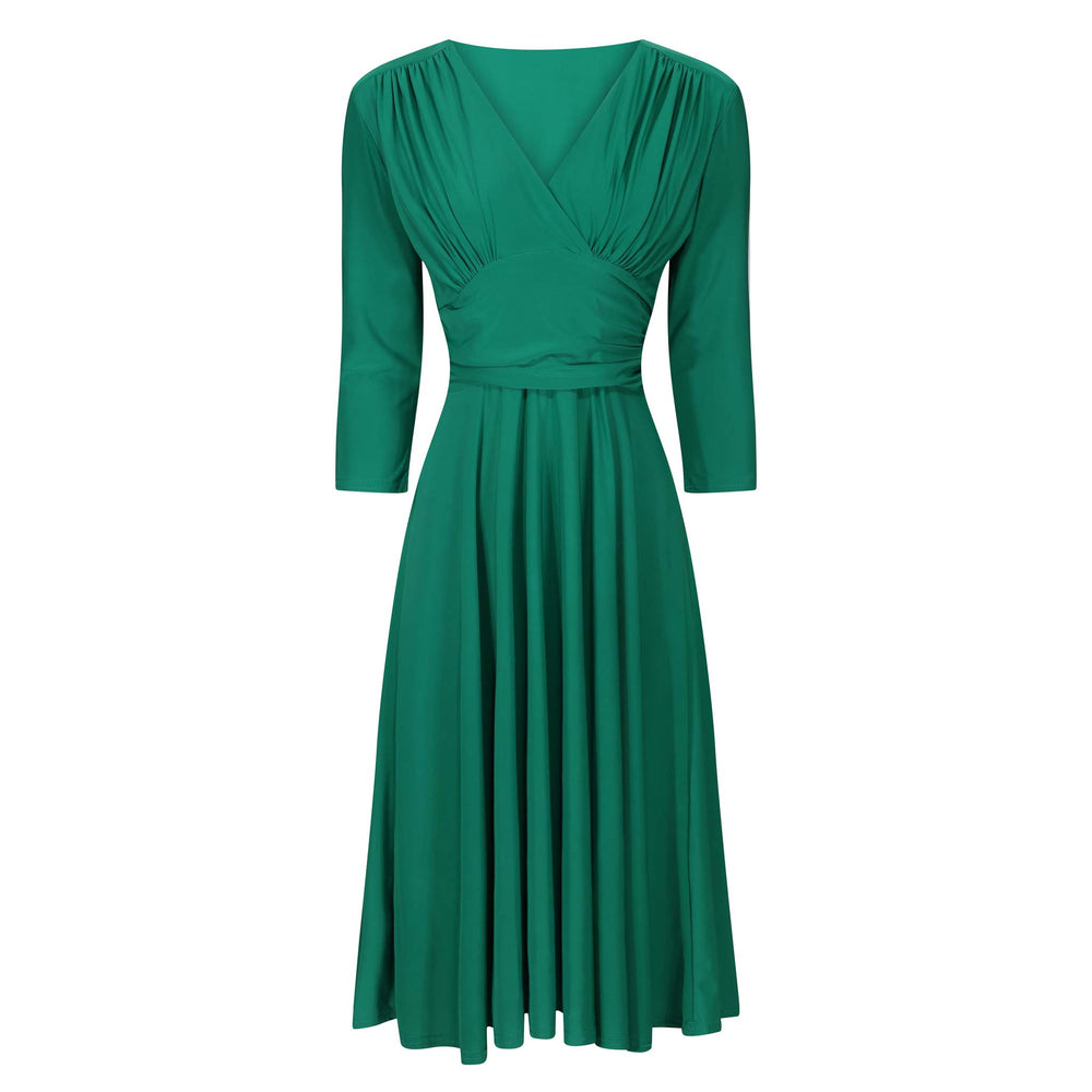 Emerald Green Crossover 3/4 Sleeve Rockabilly 50s Swing Dress