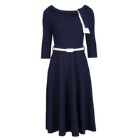 Navy Blue White Tie 1/2 Sleeve Vintage Swing Dress - Pretty Kitty Fashion