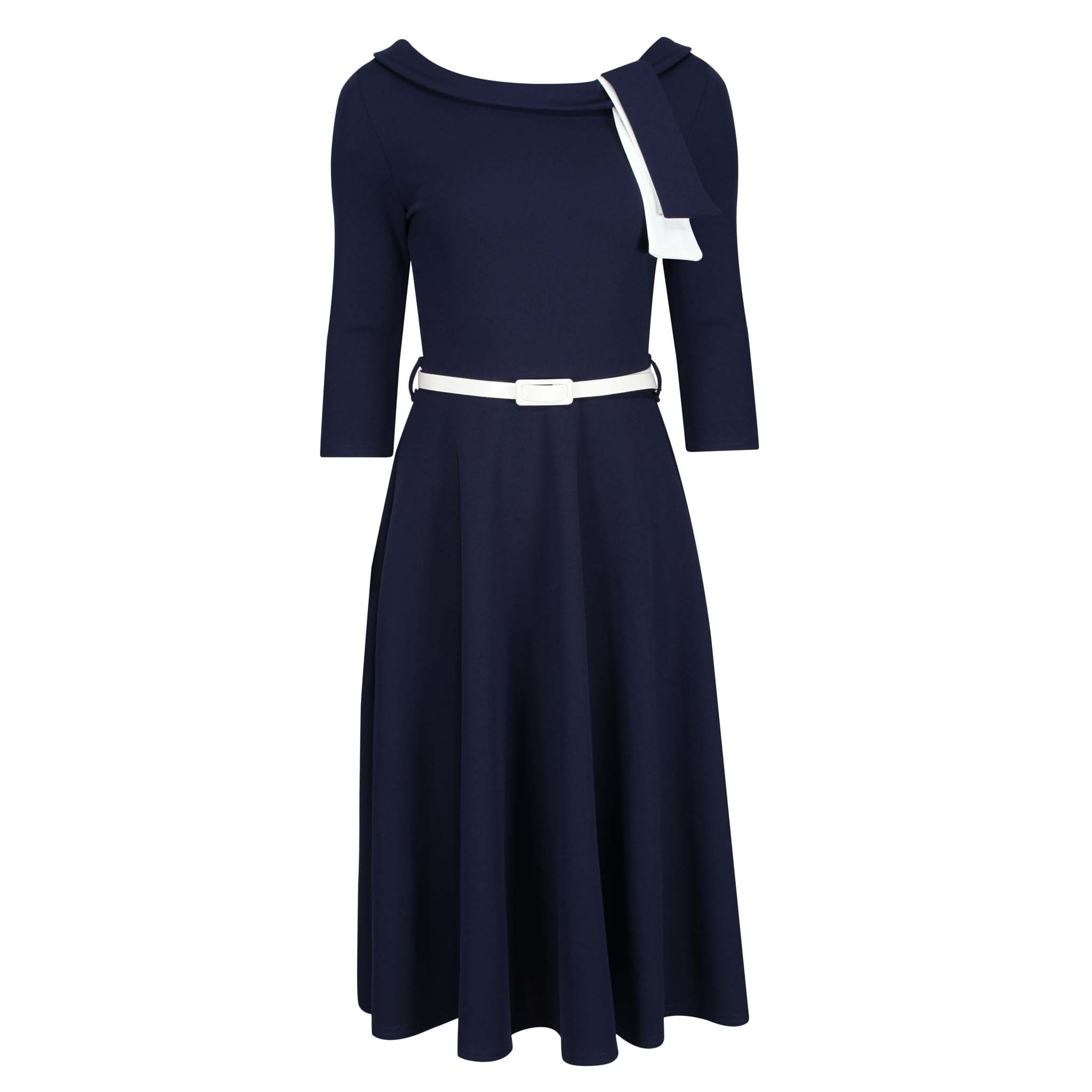 Navy Blue White Tie 1/2 Sleeve Vintage Swing Dress - Pretty Kitty Fashion