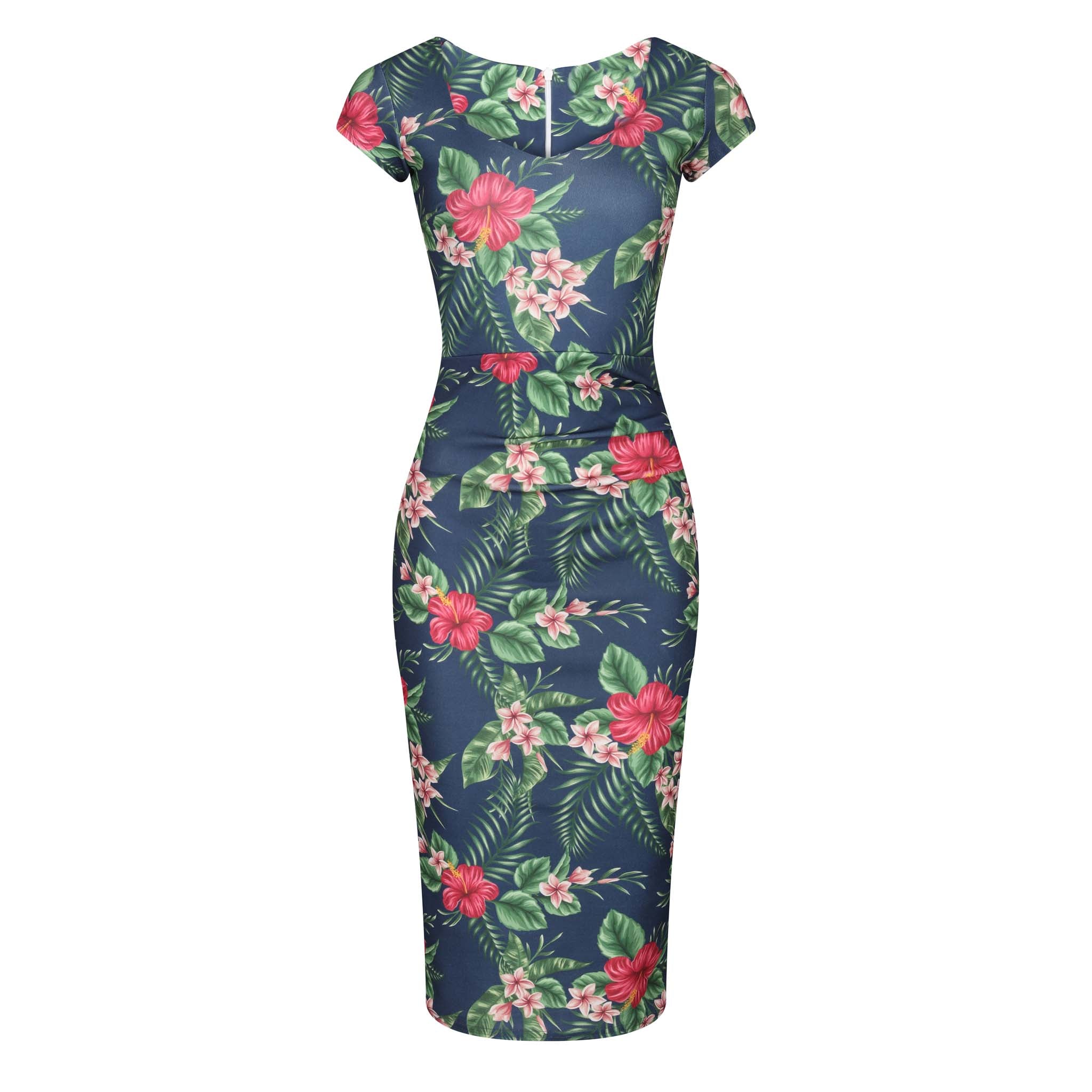 Navy Tropical Floral Print Cap Sleeve V Neck Bodycon Wiggle Dress