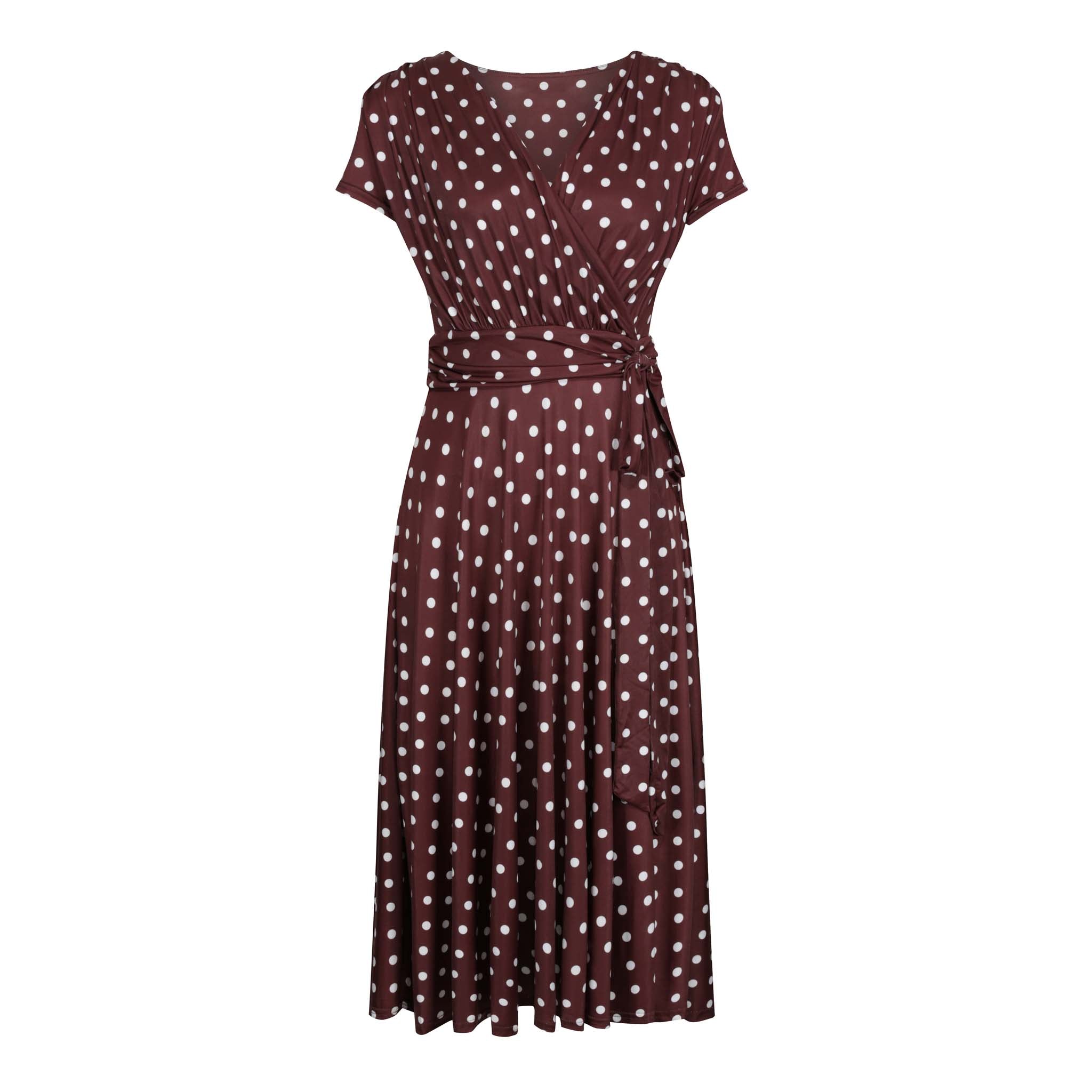Chocolate Brown And White Polka Dot Cap Sleeve Fit And Flare Midi Dress