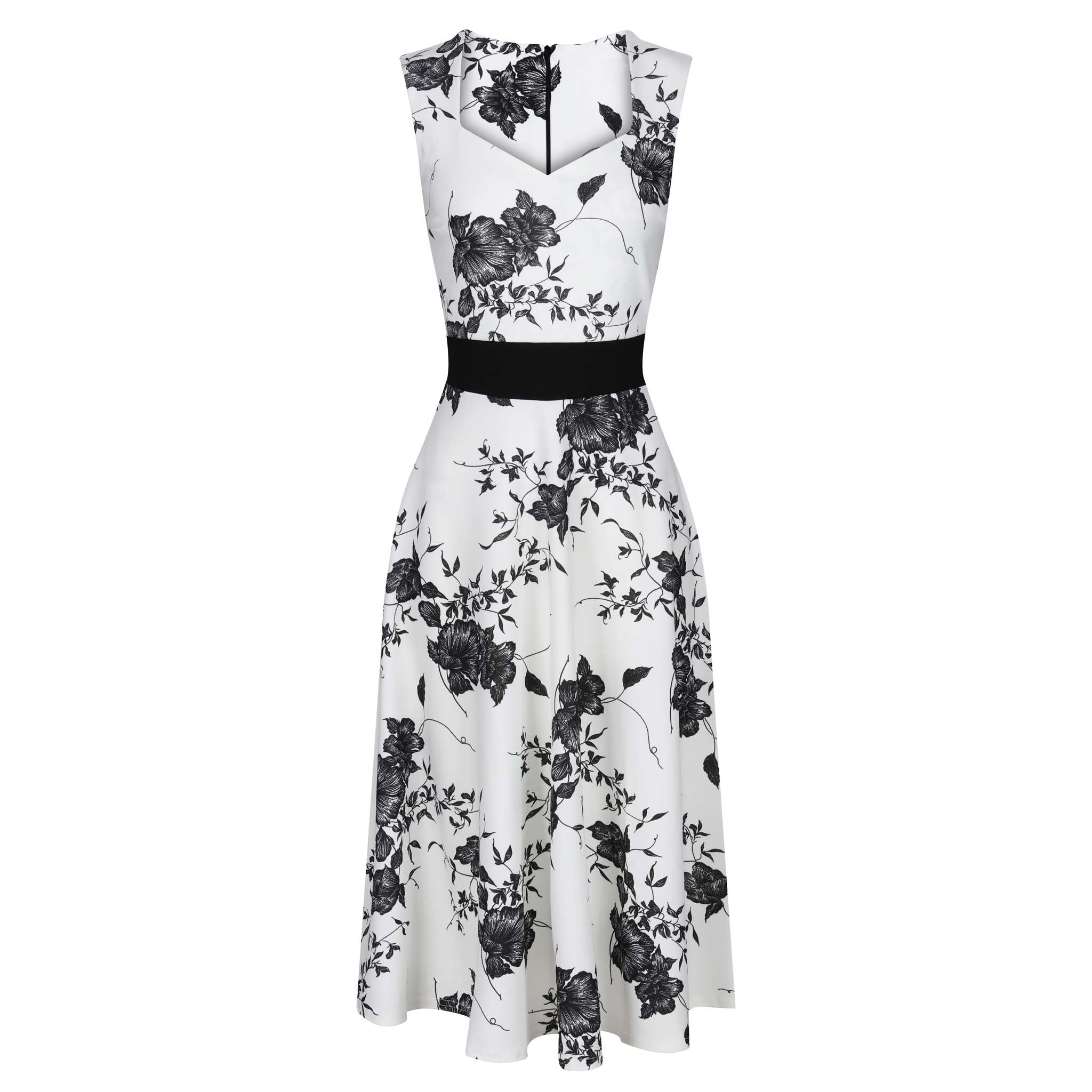 White And Black Floral Print Fit And Flare Swing Dress