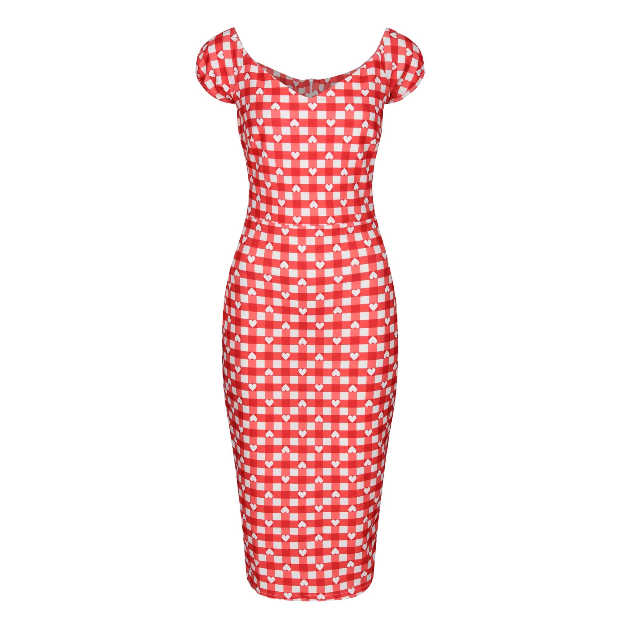 Red and White Gingham Heart Print Bodycon Pencil Dress