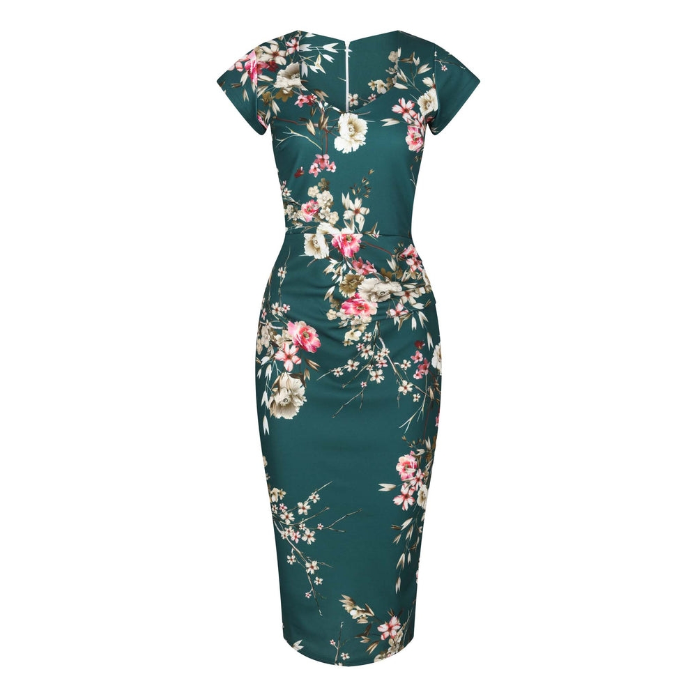 Green Floral Print Cap Sleeve V Neck 40s Style Wiggle Dress