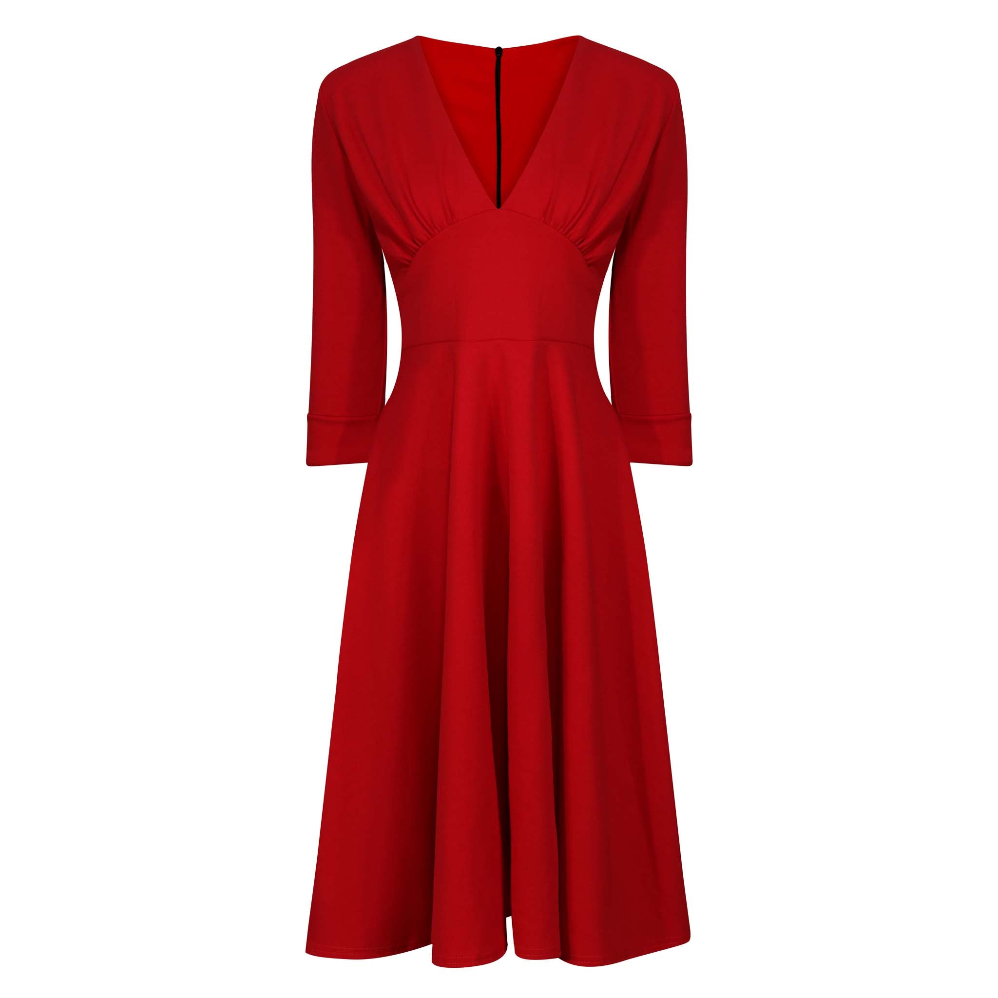 Red Deep V Neck 3/4 Sleeve Rockabilly 50s Swing Dress