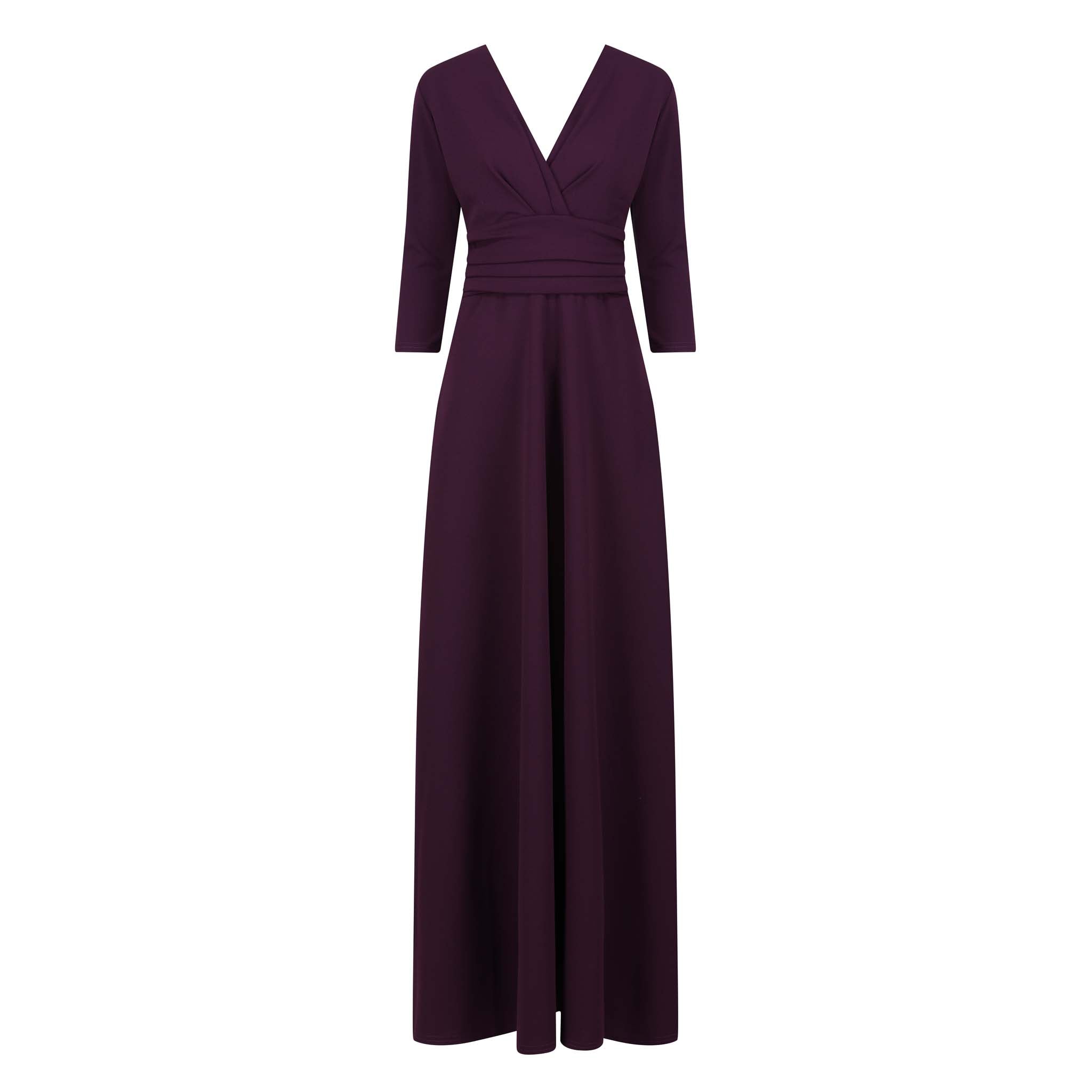 Purple Aubergine V Neck 3/4 Sleeve Maxi Dress