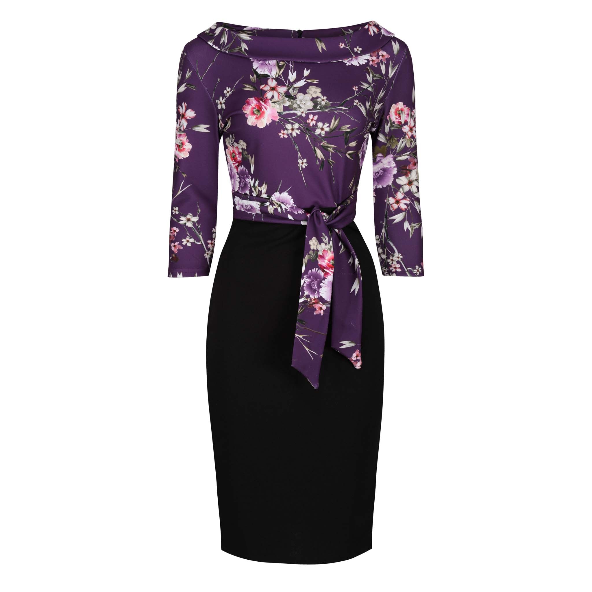 Purple Floral Print Top & Black Skirt 3/4 Sleeve Midi Dress w/ Tie Waist