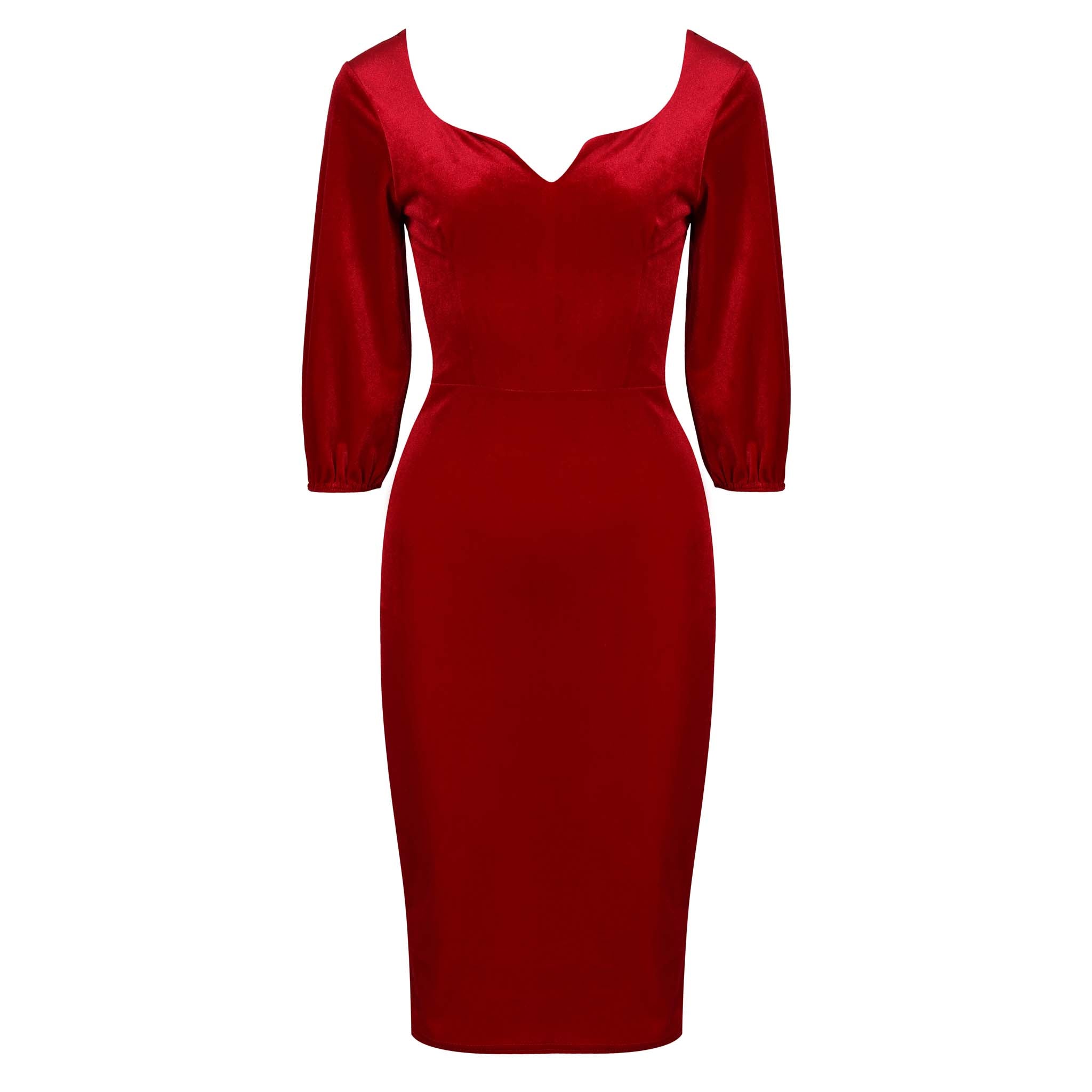 Red Velour Diamond Neckline 3/4 Sleeve Vintage Wiggle Dress