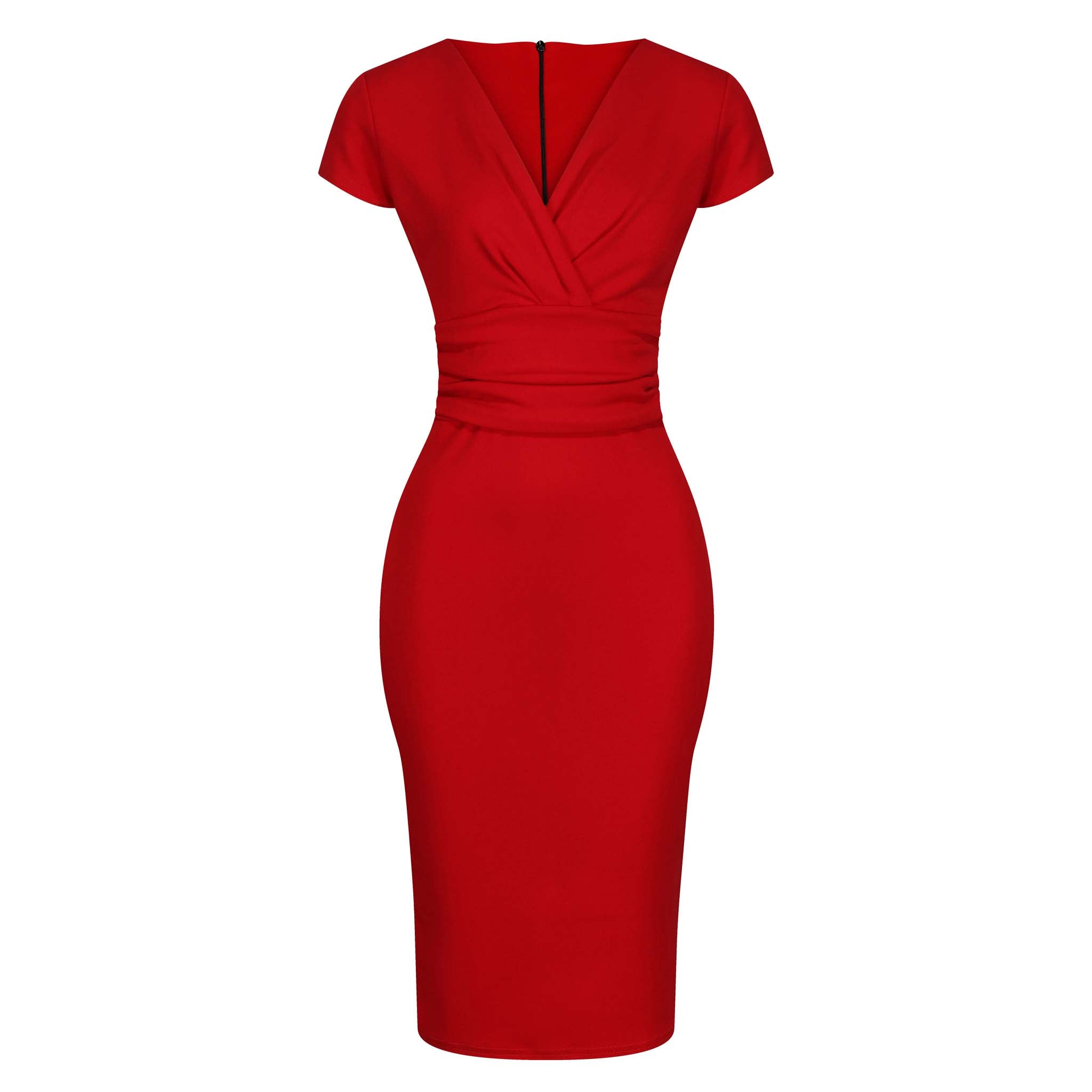 Red Deep V Cap Sleeve Bodycon Ruched Waist Wiggle Dress