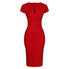 Red Deep V Cap Sleeve Bodycon Ruched Waist Wiggle Dress
