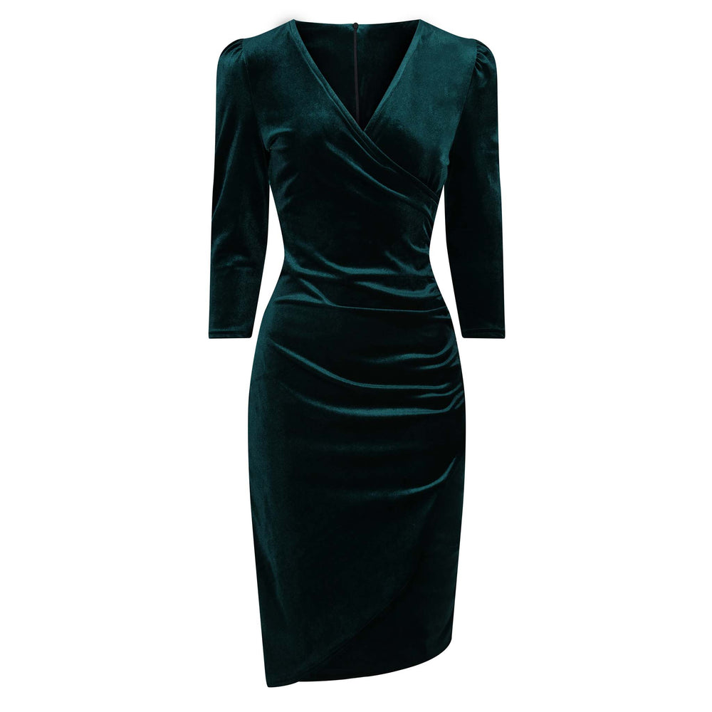 Emerald Green Velour Wrapover 3/4 Sleeve Midi Dress
