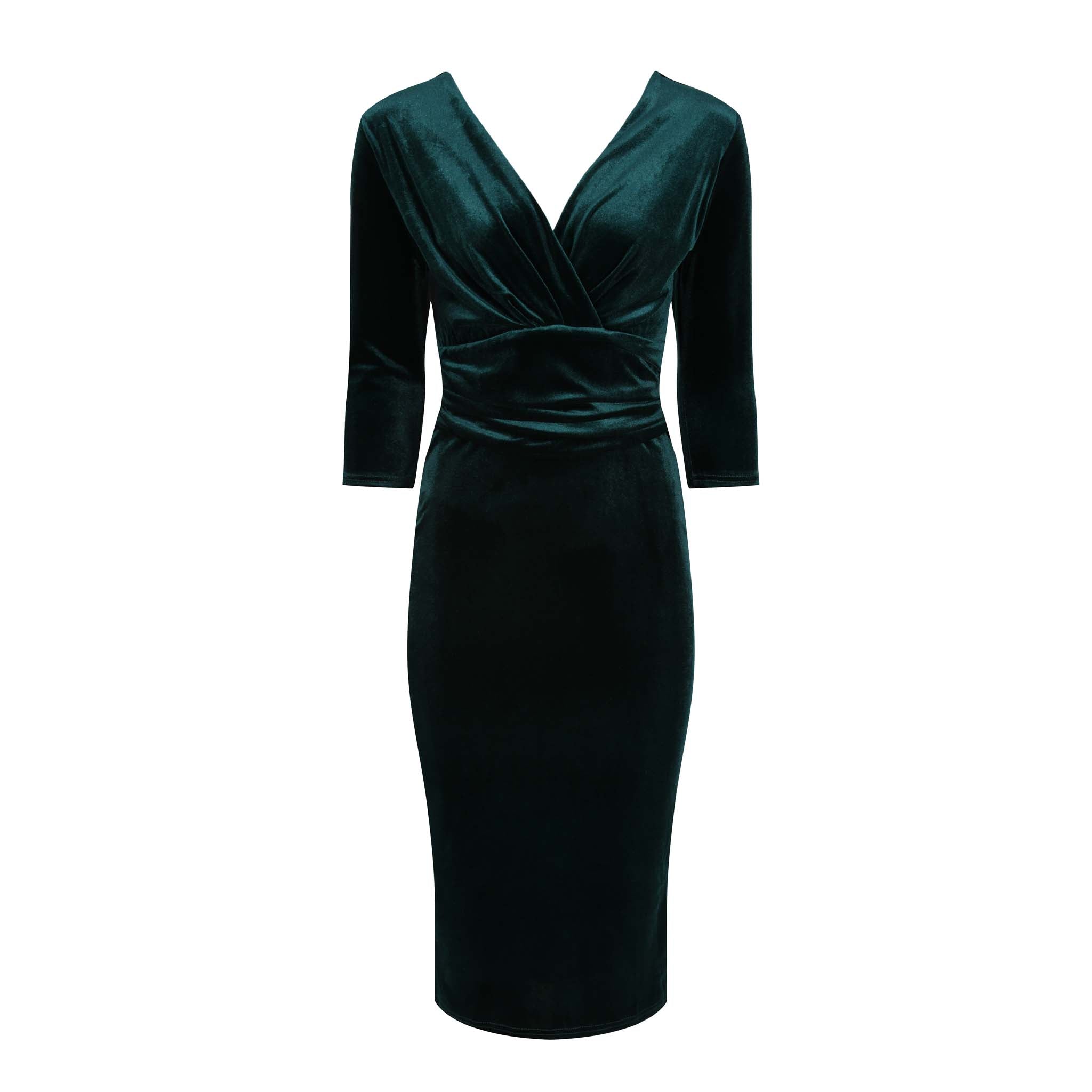 Emerald Green Velour Deep V 3/4 Sleeve Bodycon Ruched Waist Wiggle Dress