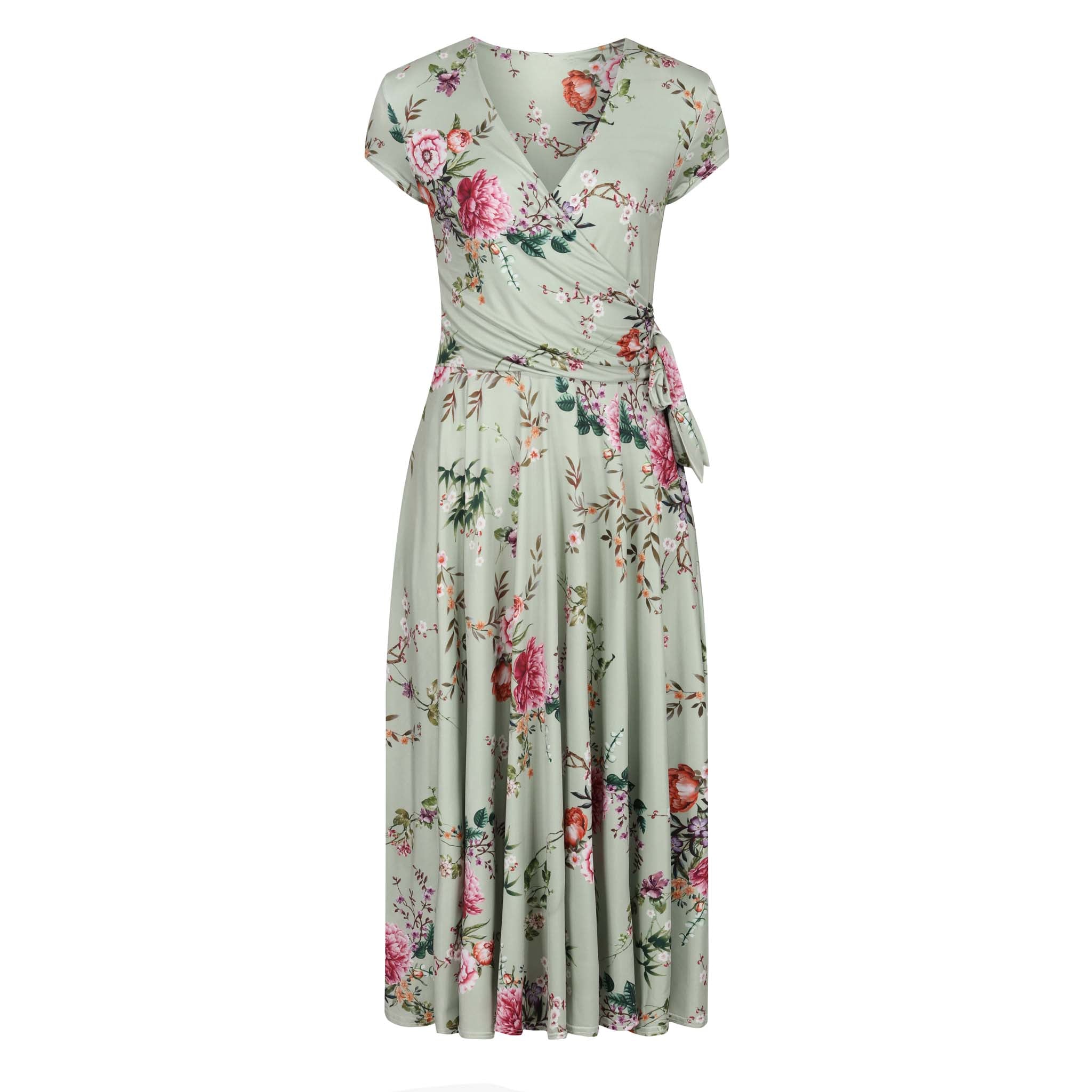 Sage Green Floral Print Cap Sleeve V Neck Wrap Top Swing Dress