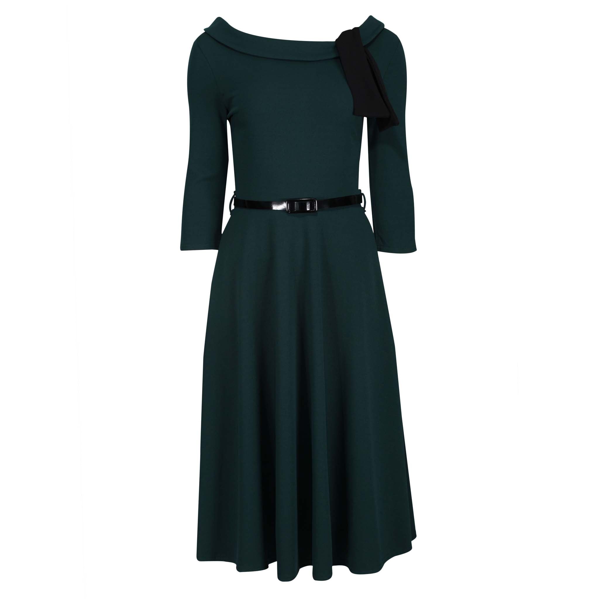 Forest Green Black Tie 1/2 Sleeve Vintage Swing Dress