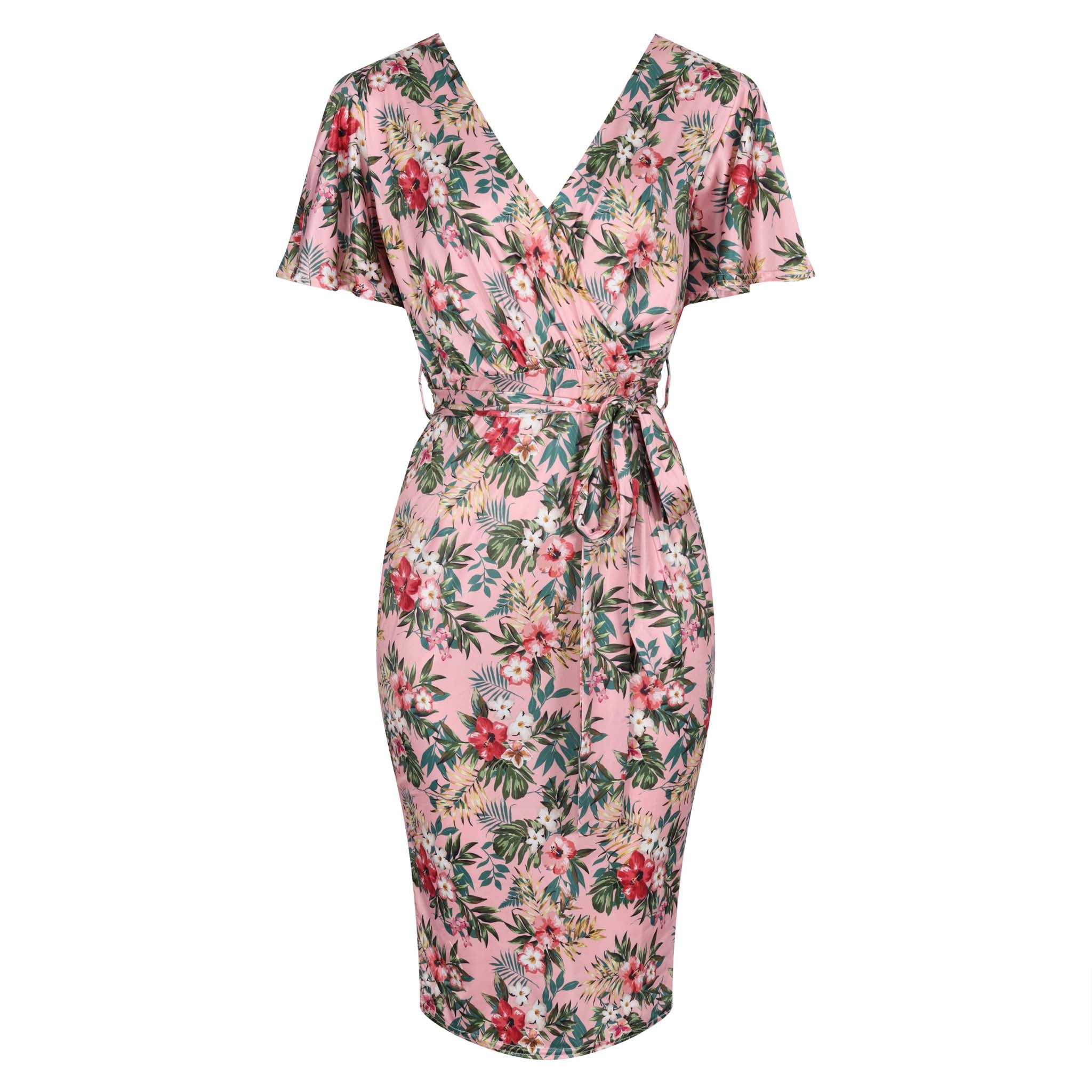 Pink Floral Print Waterfall Sleeve Crossover Pencil Dress