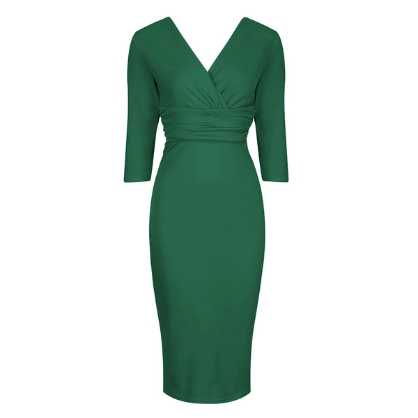 Vintage Emerald Green Wrap Over Midi Pencil Dress - Pretty Kitty Fashion