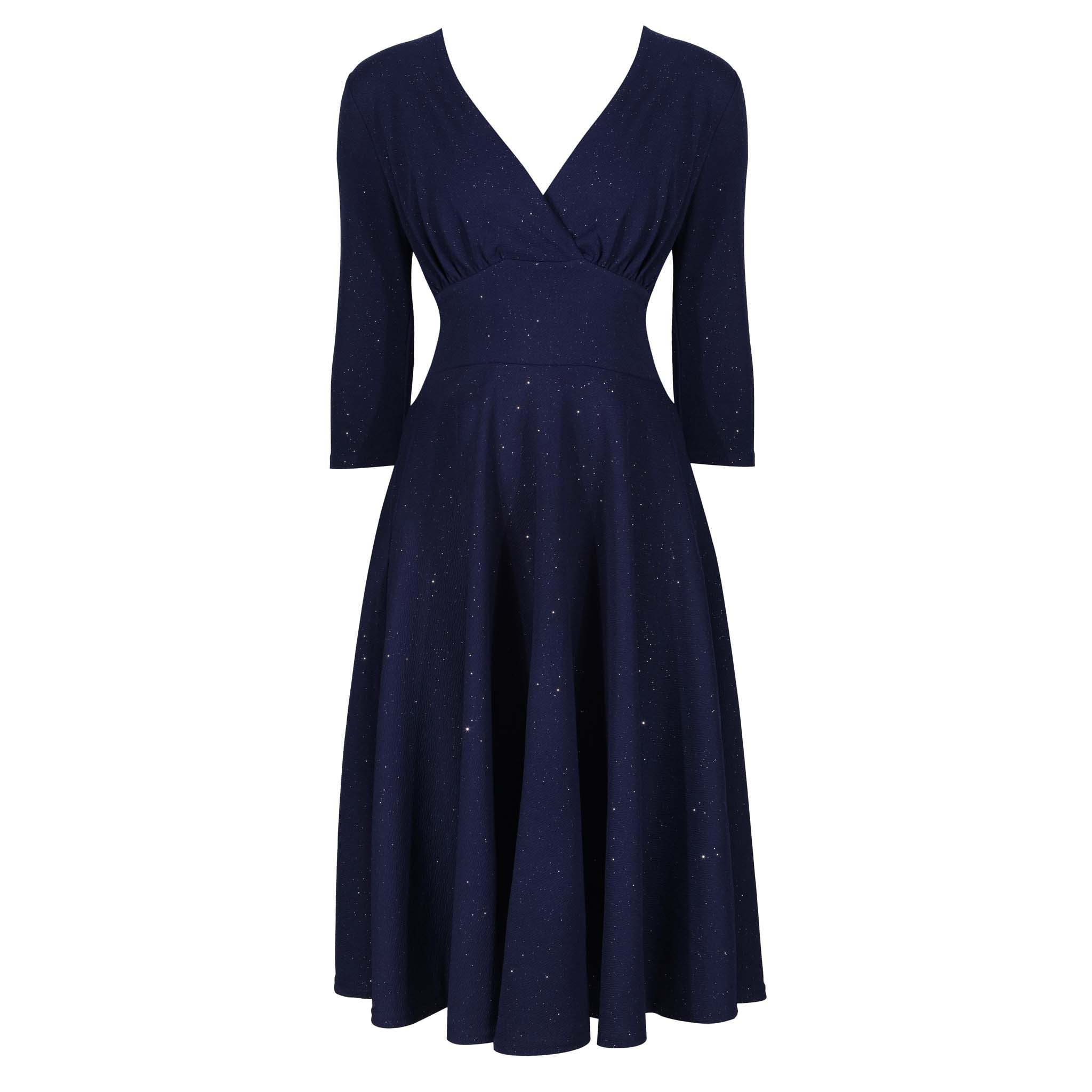 Navy Blue Silver Glitter Vintage A Line Crossover 3/4 Sleeve Tea Swing Dress