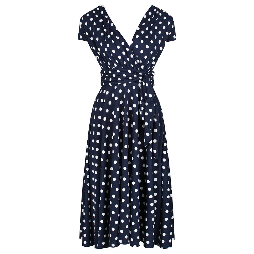 Navy Blue Polka Dot Cap Sleeve Fit And Flare Midi Dress